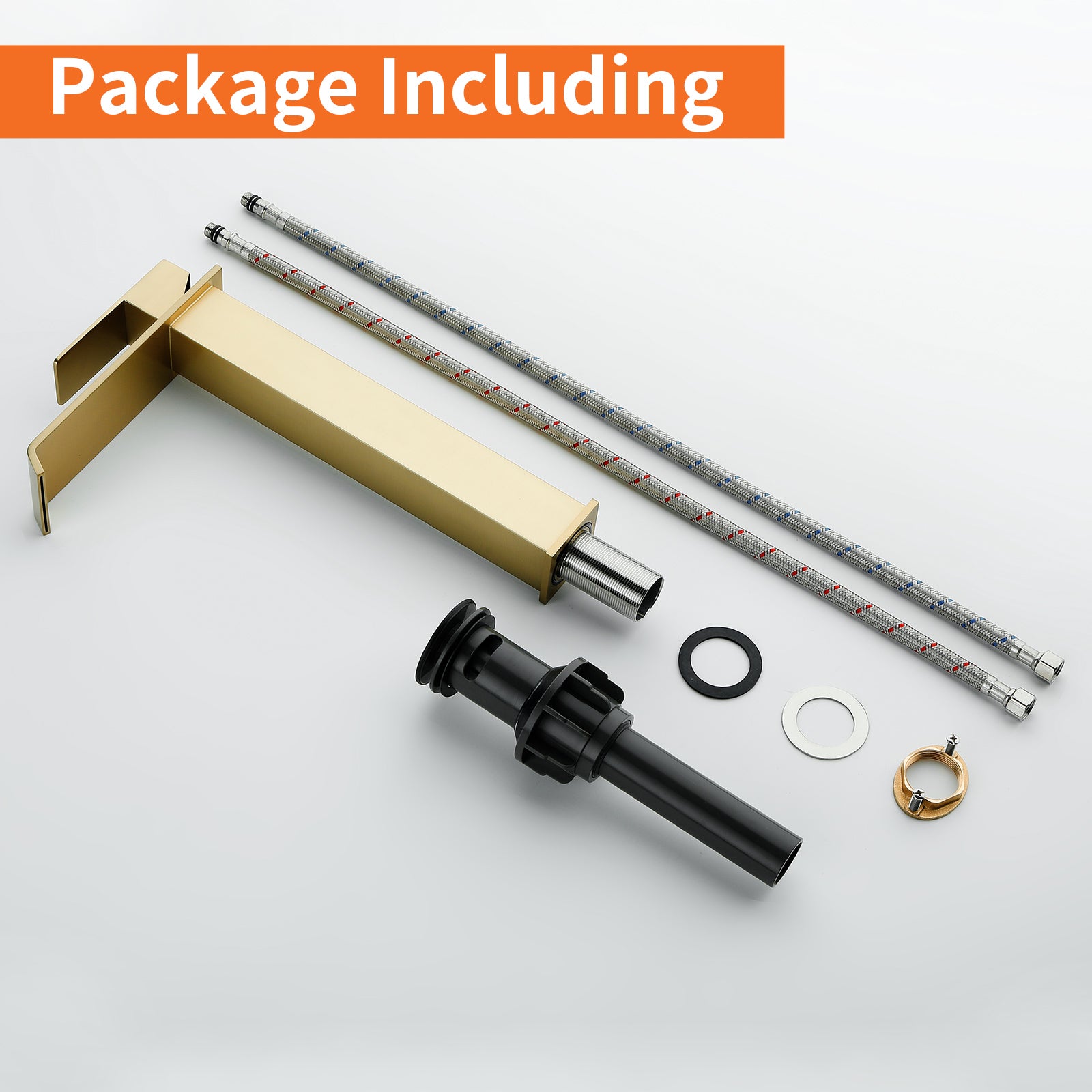 6"/12.5"H SUS304 Bathroom Sink Faucet with Flat Waterfall Spout, Brushed Gold Finish and Drain Included