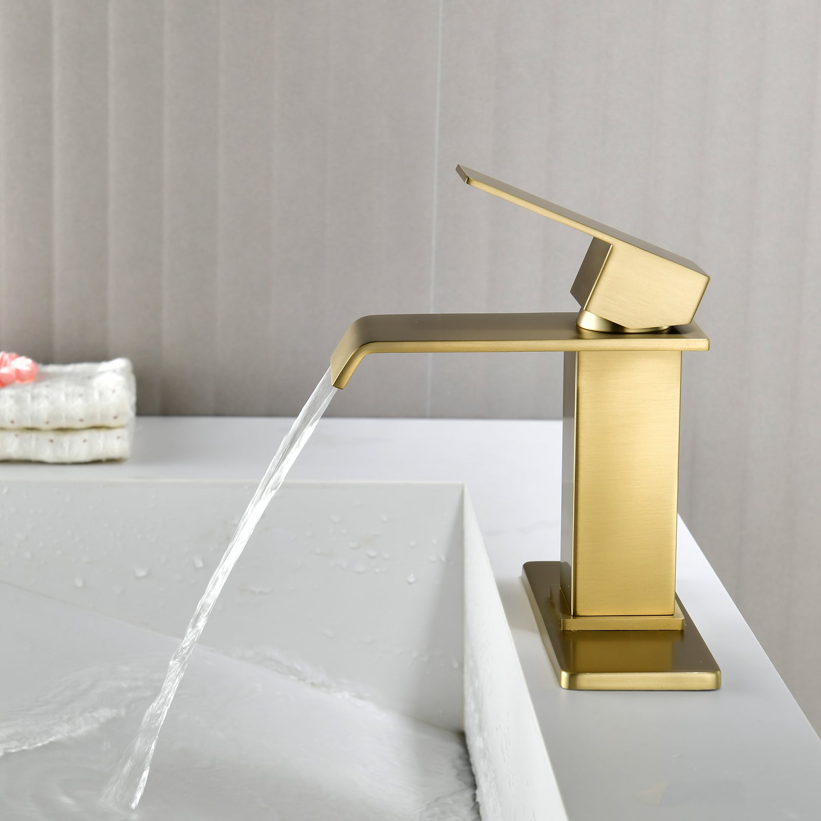 6"/12.5"H SUS304 Bathroom Sink Faucet with Flat Waterfall Spout, Brushed Gold Finish and Drain Included