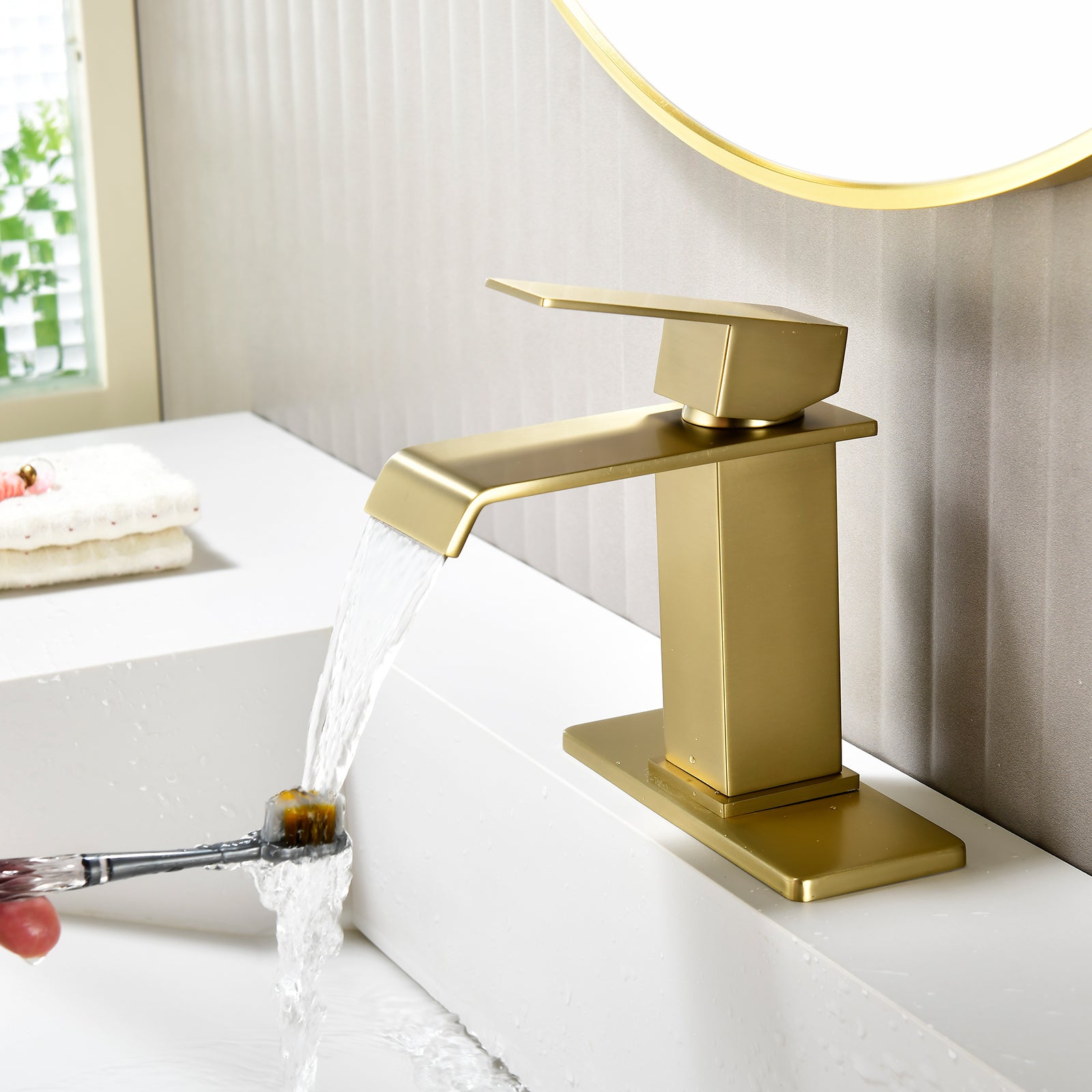 6"/12.5"H SUS304 Bathroom Sink Faucet with Flat Waterfall Spout, Brushed Gold Finish and Drain Included
