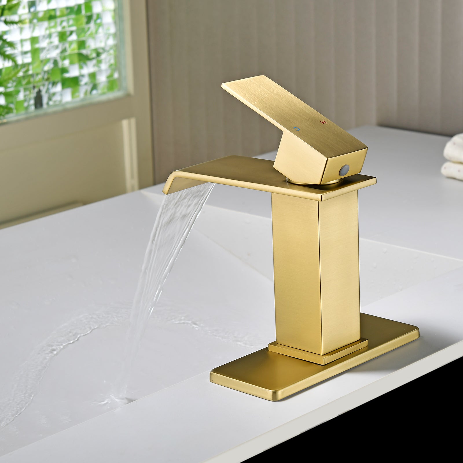 6"/12.5"H SUS304 Bathroom Sink Faucet with Flat Waterfall Spout, Brushed Gold Finish and Drain Included
