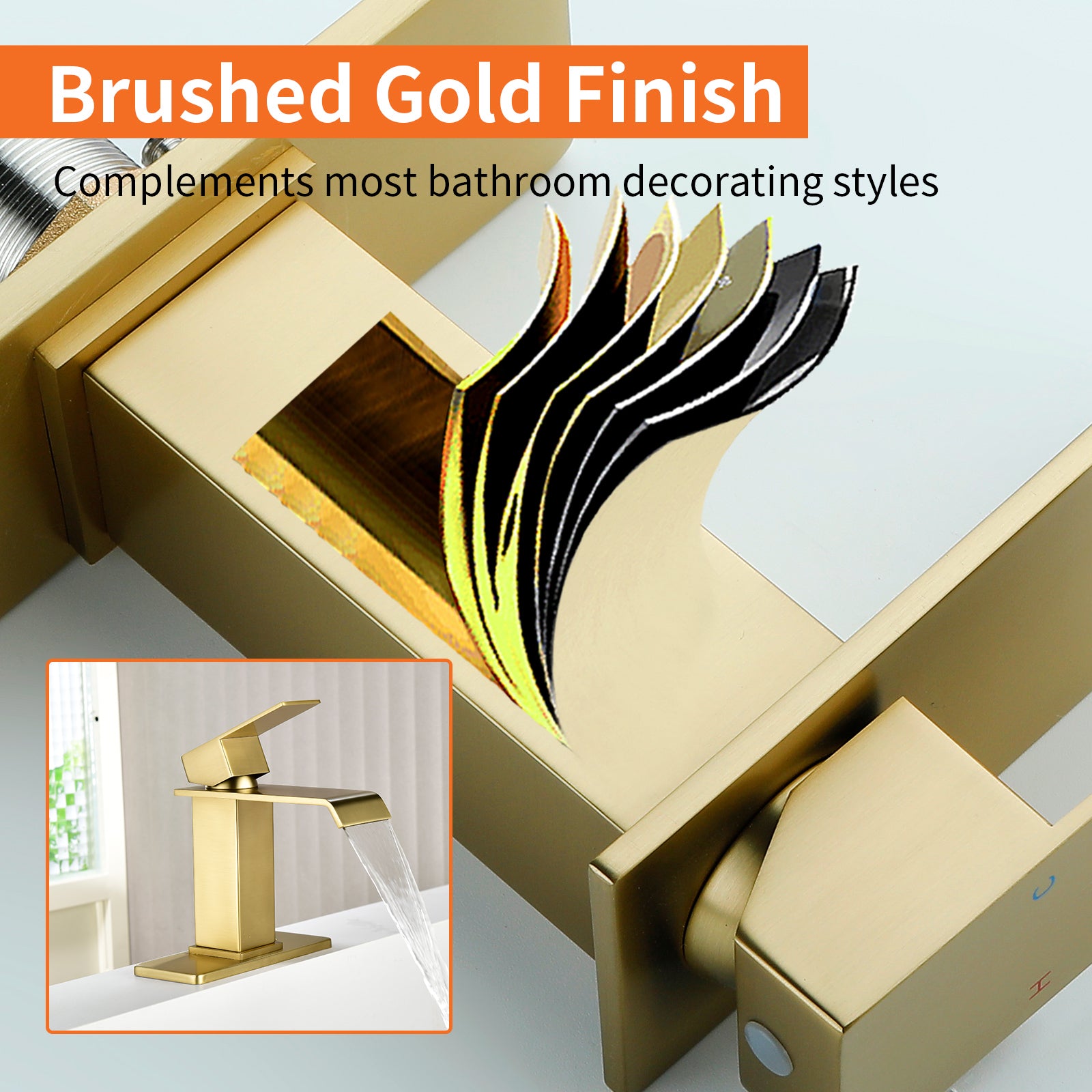 6"/12.5"H SUS304 Bathroom Sink Faucet with Flat Waterfall Spout, Brushed Gold Finish and Drain Included