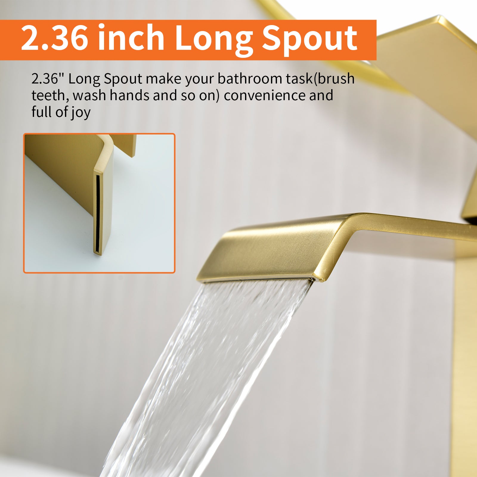 6"/12.5"H SUS304 Bathroom Sink Faucet with Flat Waterfall Spout, Brushed Gold Finish and Drain Included