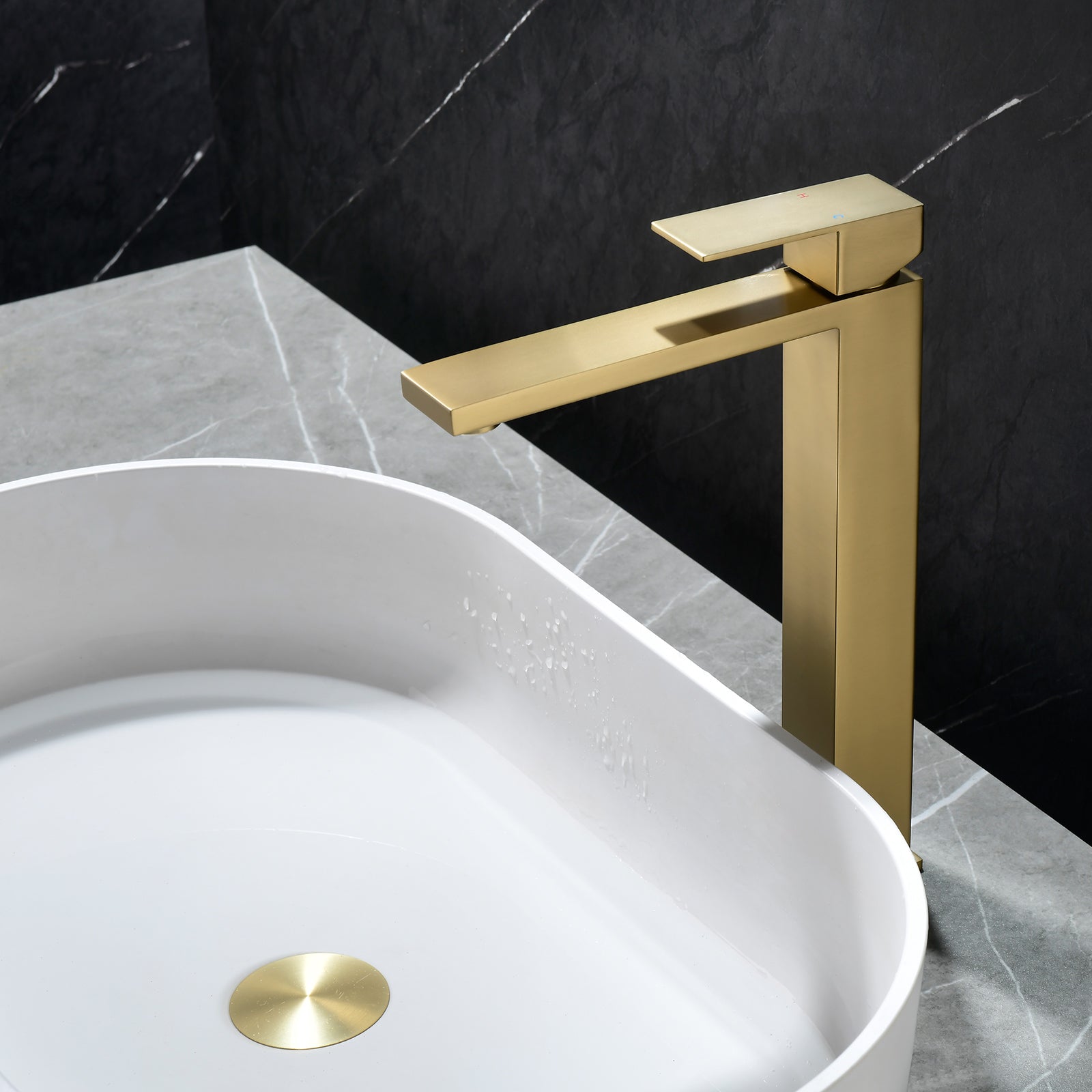 6"/12.5"H SUS304 Bathroom Sink Faucet with Rectangular Aerated Spout, Brushed Gold Finish and Drain Included