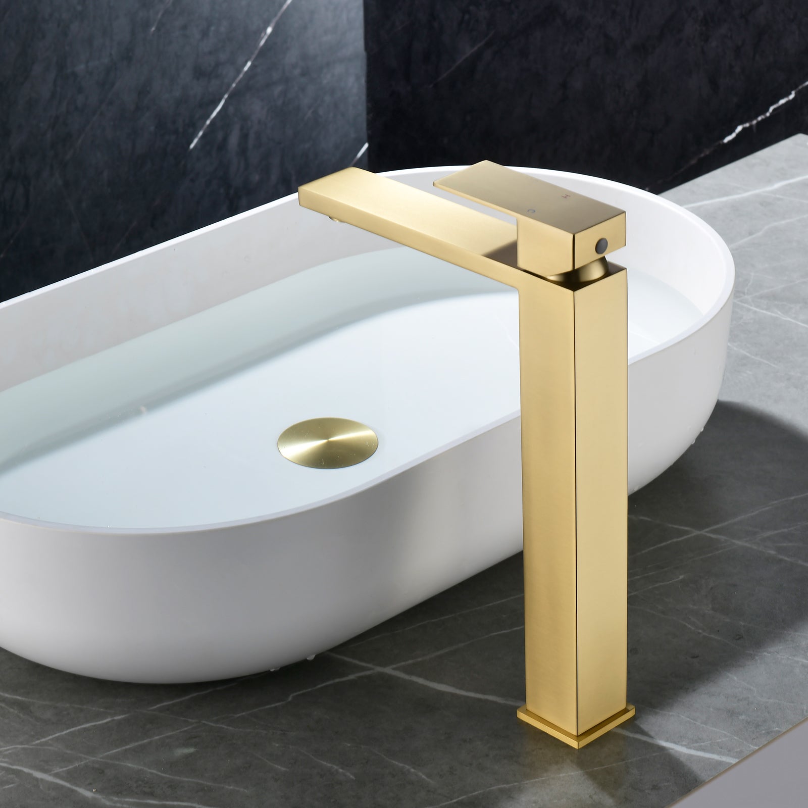 6"/12.5"H SUS304 Bathroom Sink Faucet with Rectangular Aerated Spout, Brushed Gold Finish and Drain Included