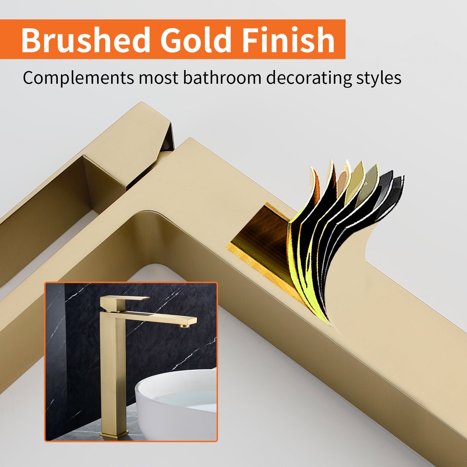 6"/12.5"H SUS304 Bathroom Sink Faucet with Rectangular Aerated Spout, Brushed Gold Finish and Drain Included