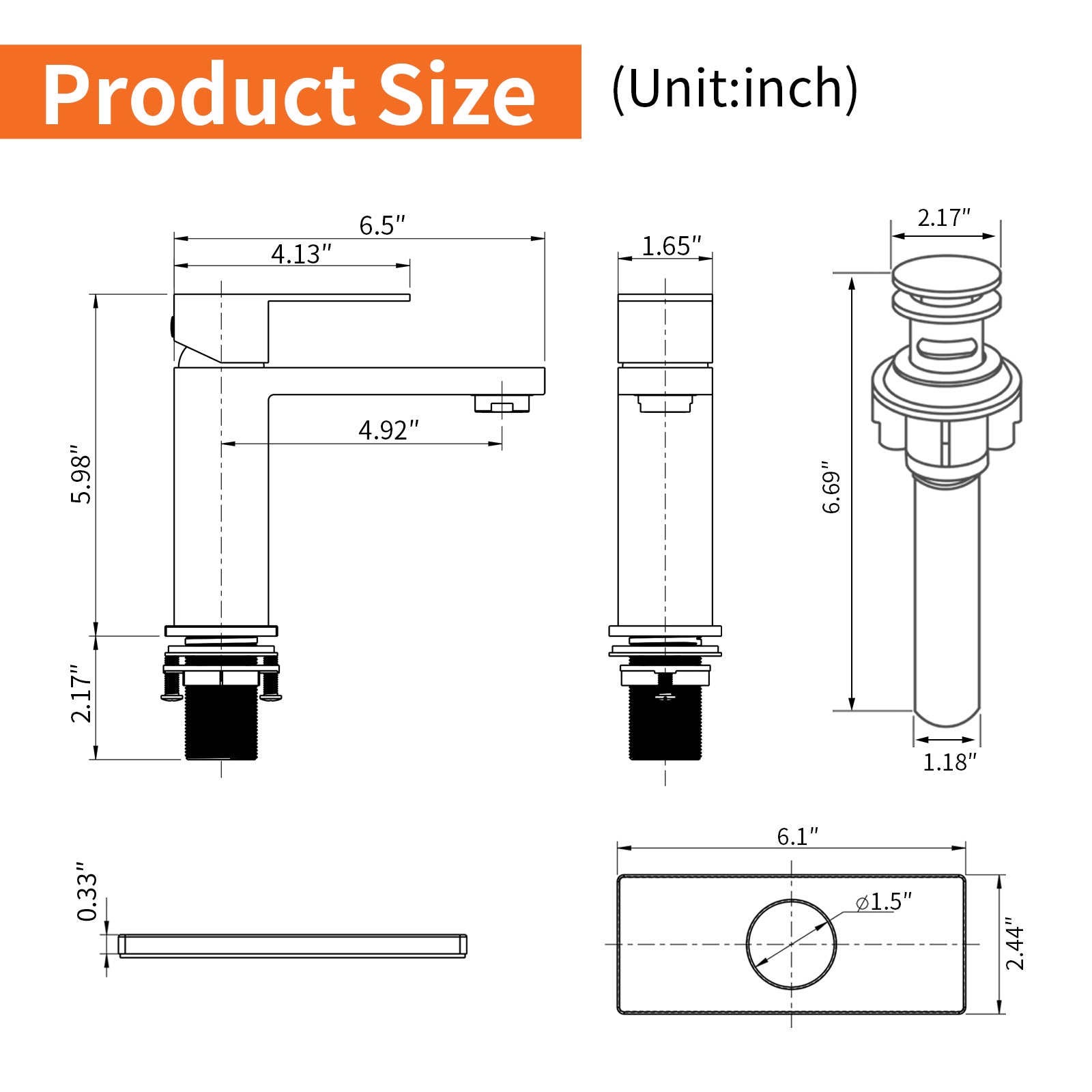 6"/12.5"H SUS304 Bathroom Sink Faucet with Rectangular Aerated Spout, Brushed Gold Finish and Drain Included