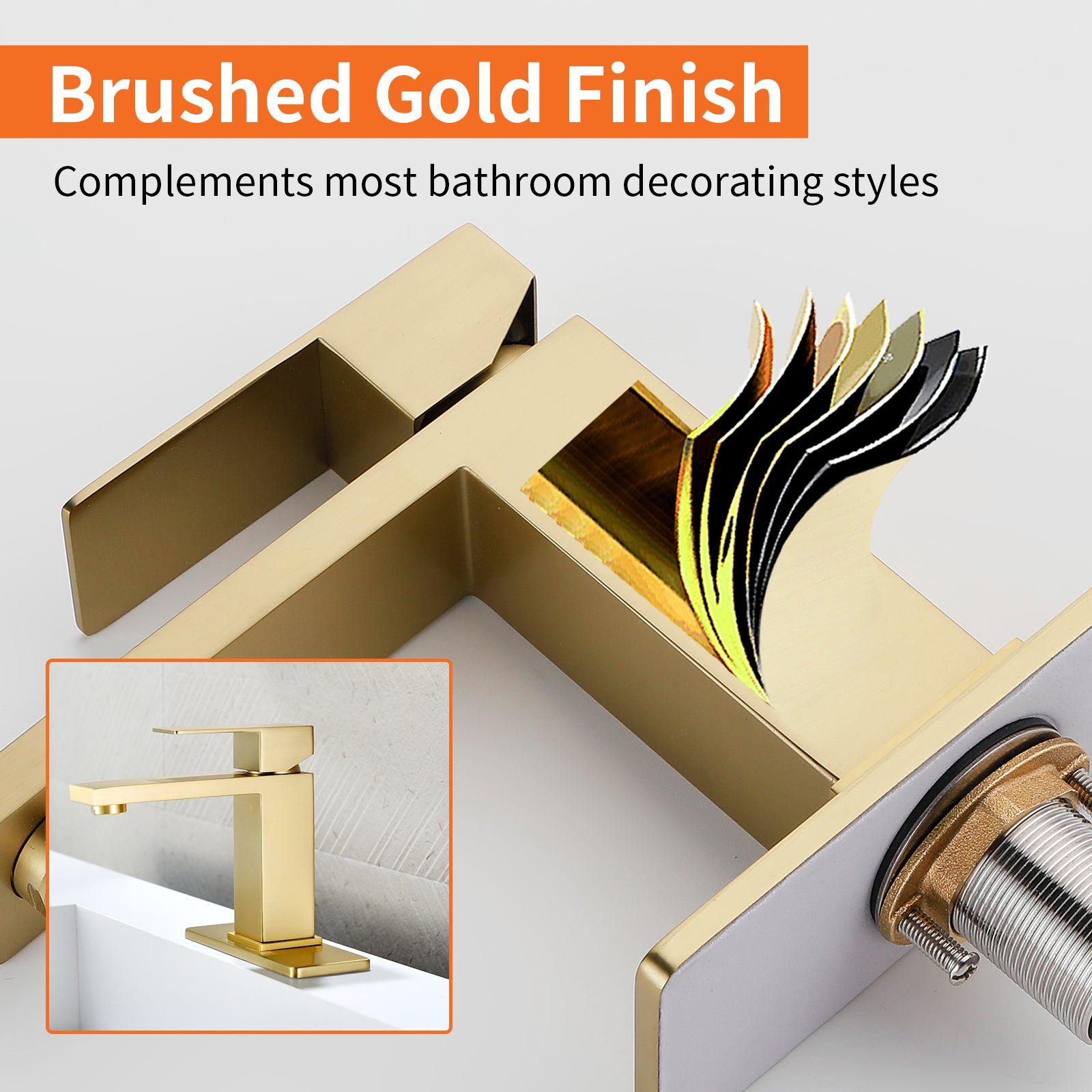 6"/12.5"H SUS304 Bathroom Sink Faucet with Rectangular Aerated Spout, Brushed Gold Finish and Drain Included
