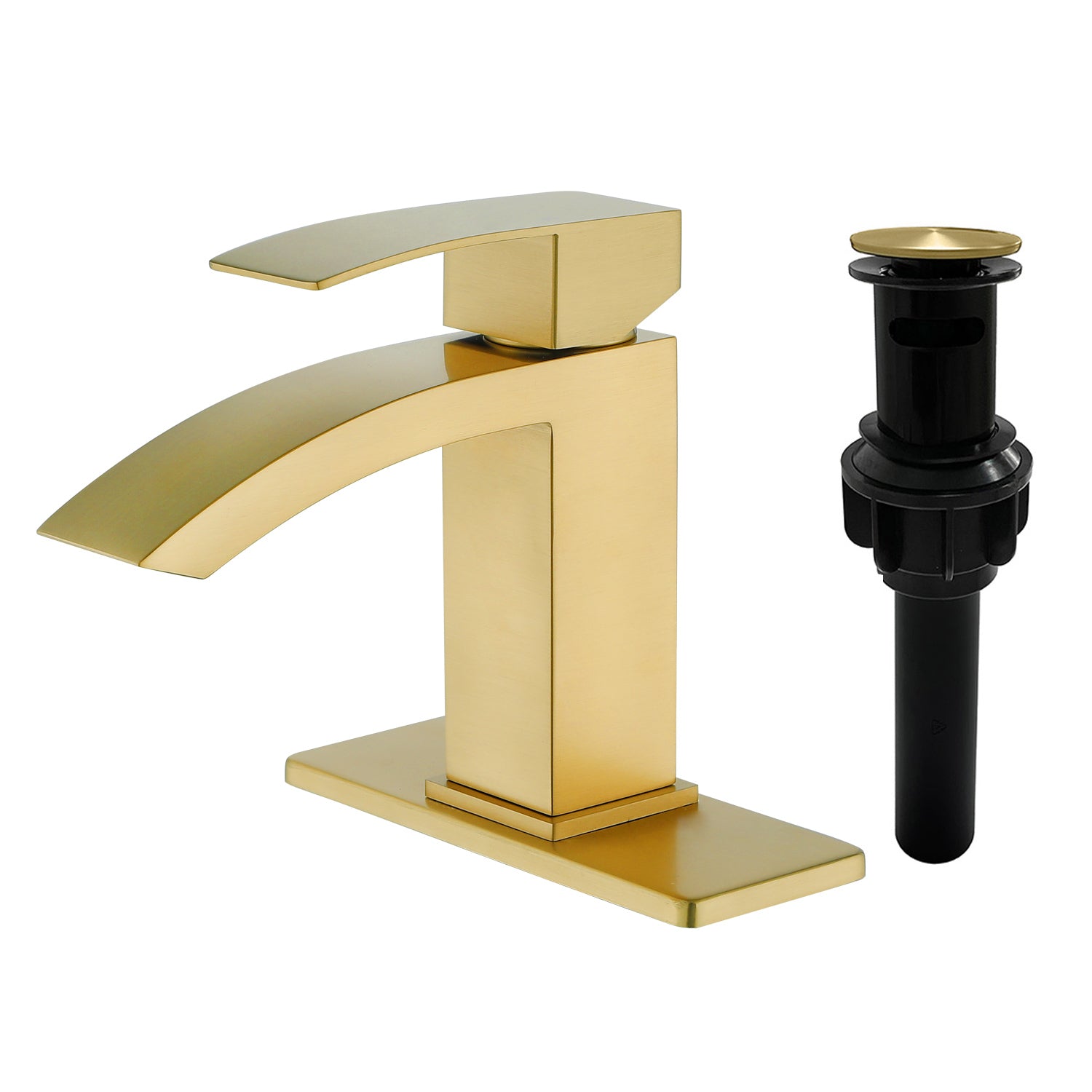 6"/12.5"H SUS304 Bathroom Sink Faucet with Rectangular Curved Waterfall Spout, Brushed Gold Finish and Drain Included