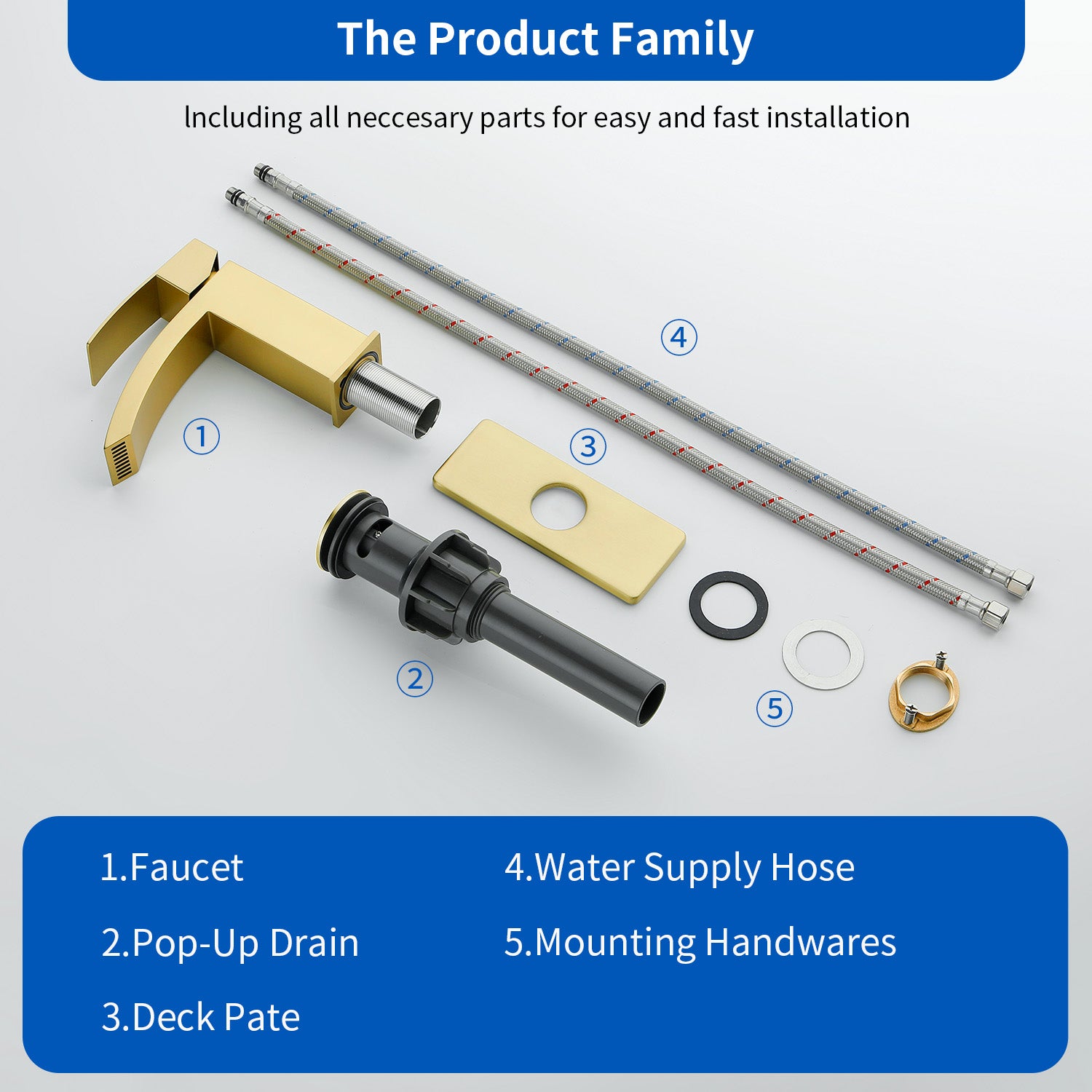 6"/12.5"H SUS304 Bathroom Sink Faucet with Rectangular Curved Waterfall Spout, Brushed Gold Finish and Drain Included