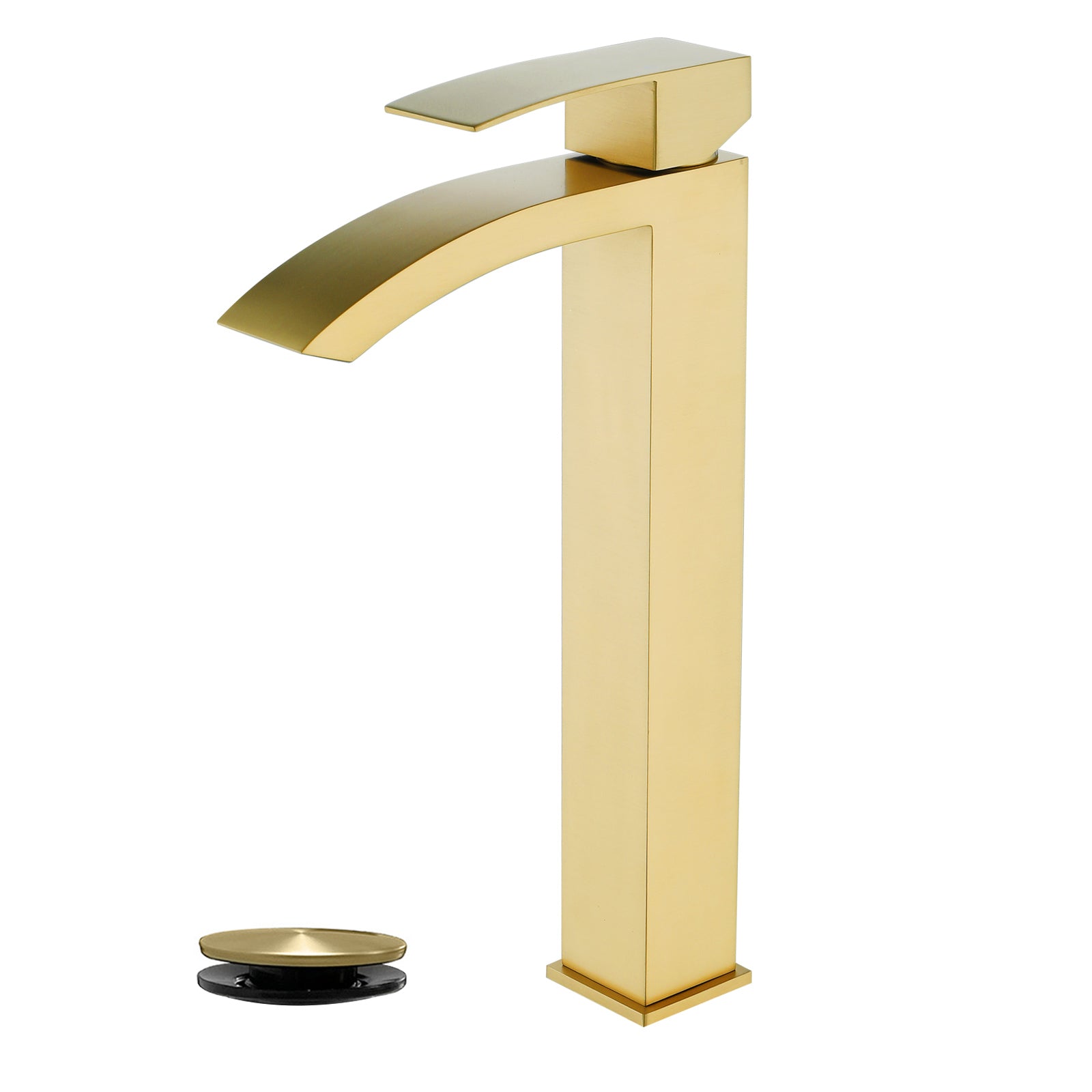 6"/12.5"H SUS304 Bathroom Sink Faucet with Rectangular Curved Waterfall Spout, Brushed Gold Finish and Drain Included