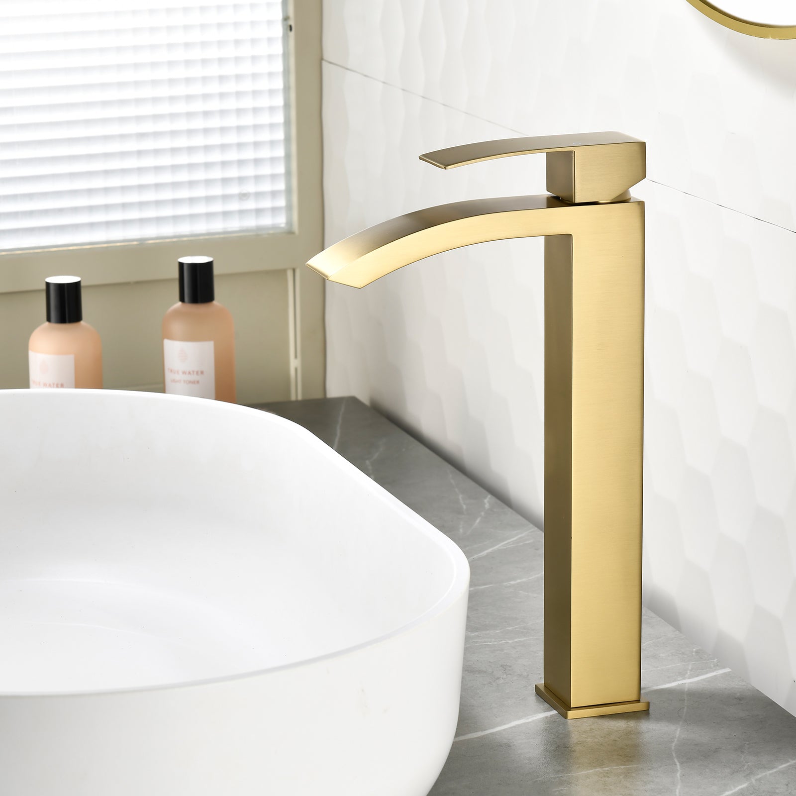 6"/12.5"H SUS304 Bathroom Sink Faucet with Rectangular Curved Waterfall Spout, Brushed Gold Finish and Drain Included