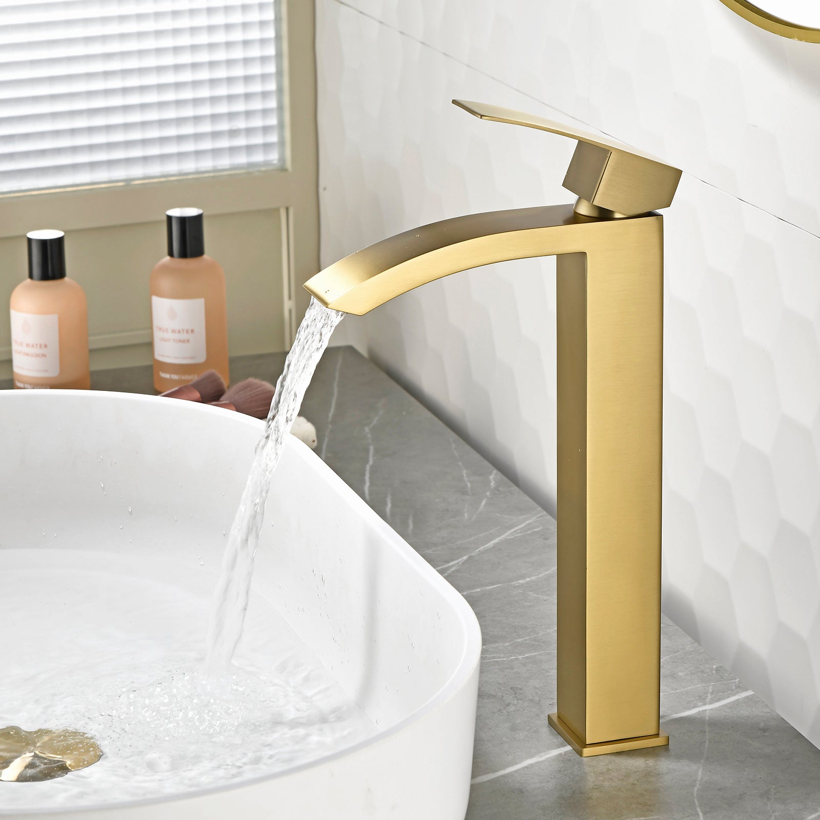 6"/12.5"H SUS304 Bathroom Sink Faucet with Rectangular Curved Waterfall Spout, Brushed Gold Finish and Drain Included