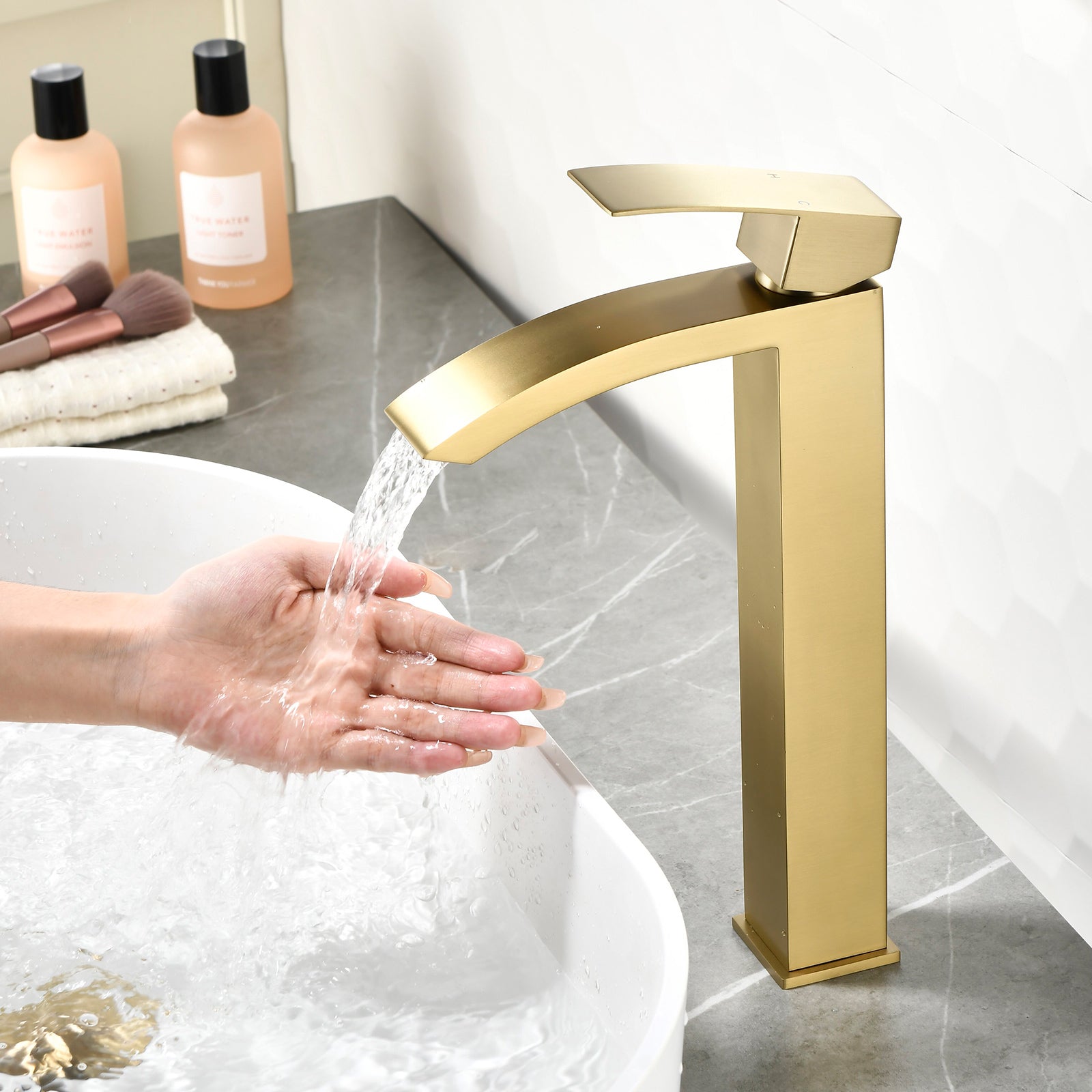 6"/12.5"H SUS304 Bathroom Sink Faucet with Rectangular Curved Waterfall Spout, Brushed Gold Finish and Drain Included