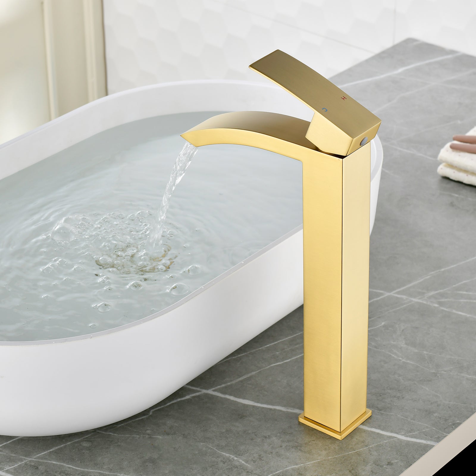 6"/12.5"H SUS304 Bathroom Sink Faucet with Rectangular Curved Waterfall Spout, Brushed Gold Finish and Drain Included