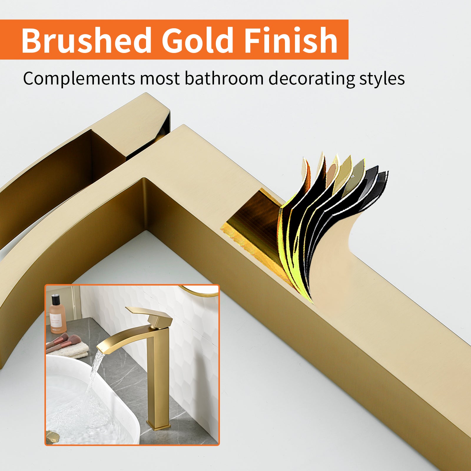 6"/12.5"H SUS304 Bathroom Sink Faucet with Rectangular Curved Waterfall Spout, Brushed Gold Finish and Drain Included