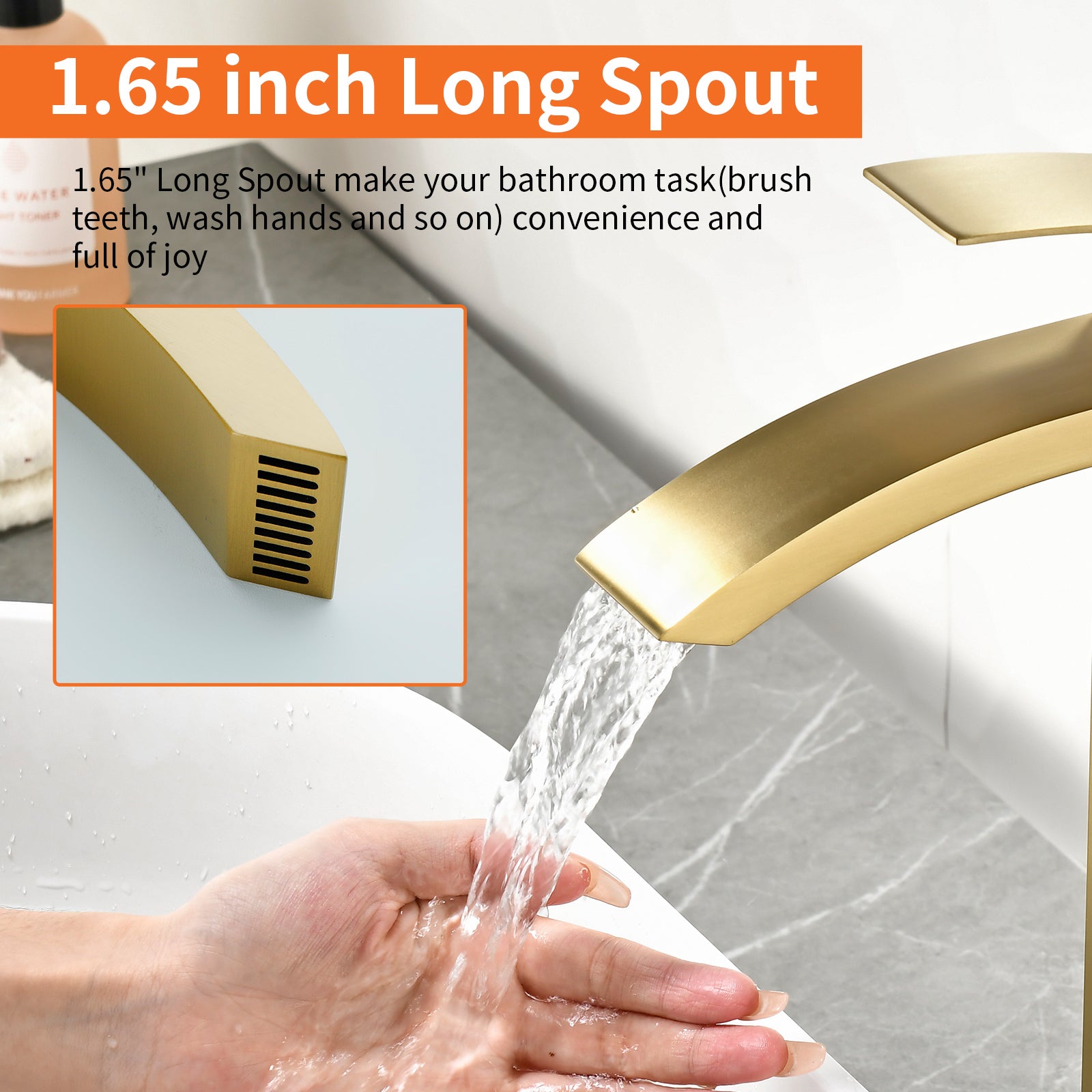 6"/12.5"H SUS304 Bathroom Sink Faucet with Rectangular Curved Waterfall Spout, Brushed Gold Finish and Drain Included