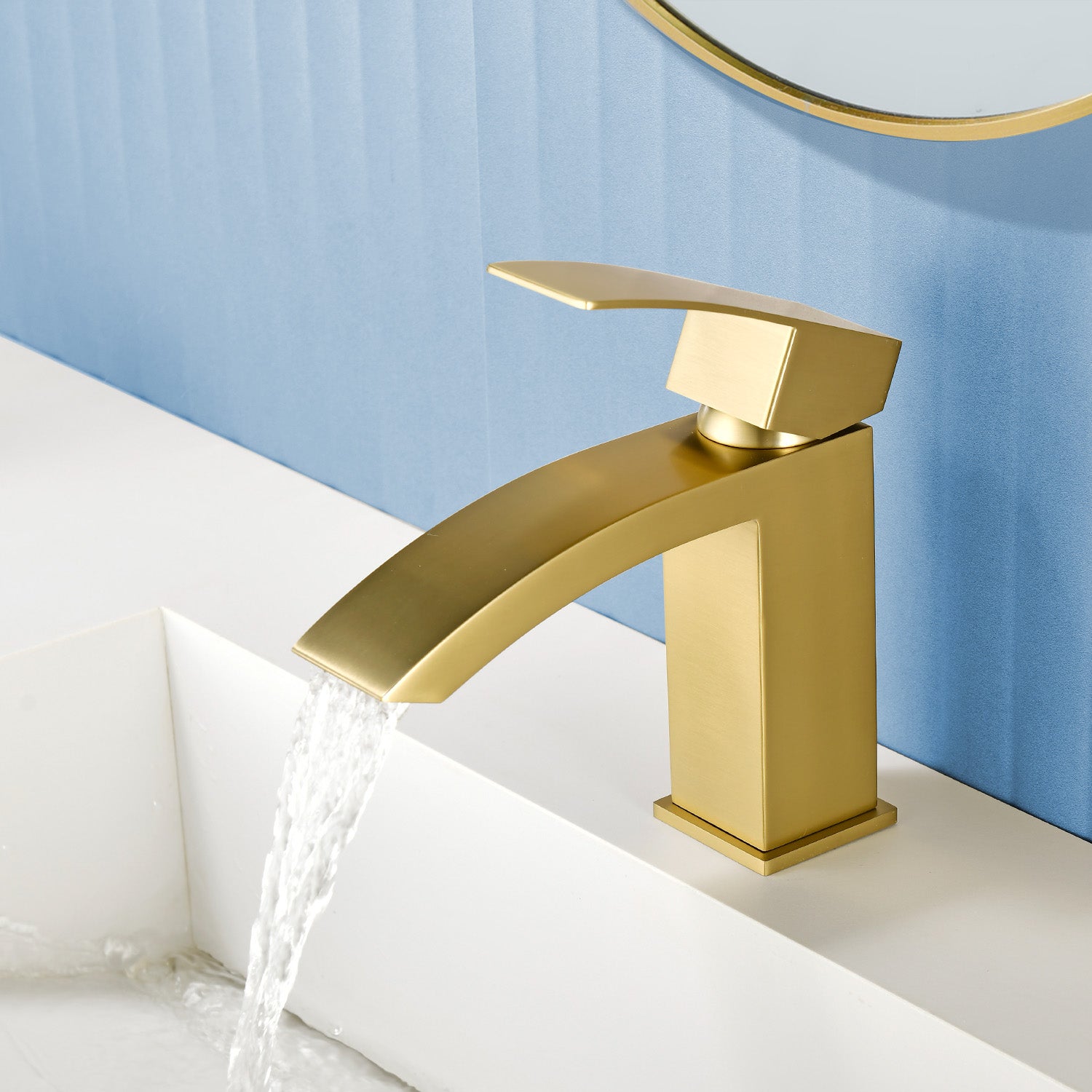 6"/12.5"H SUS304 Bathroom Sink Faucet with Rectangular Curved Waterfall Spout, Brushed Gold Finish and Drain Included