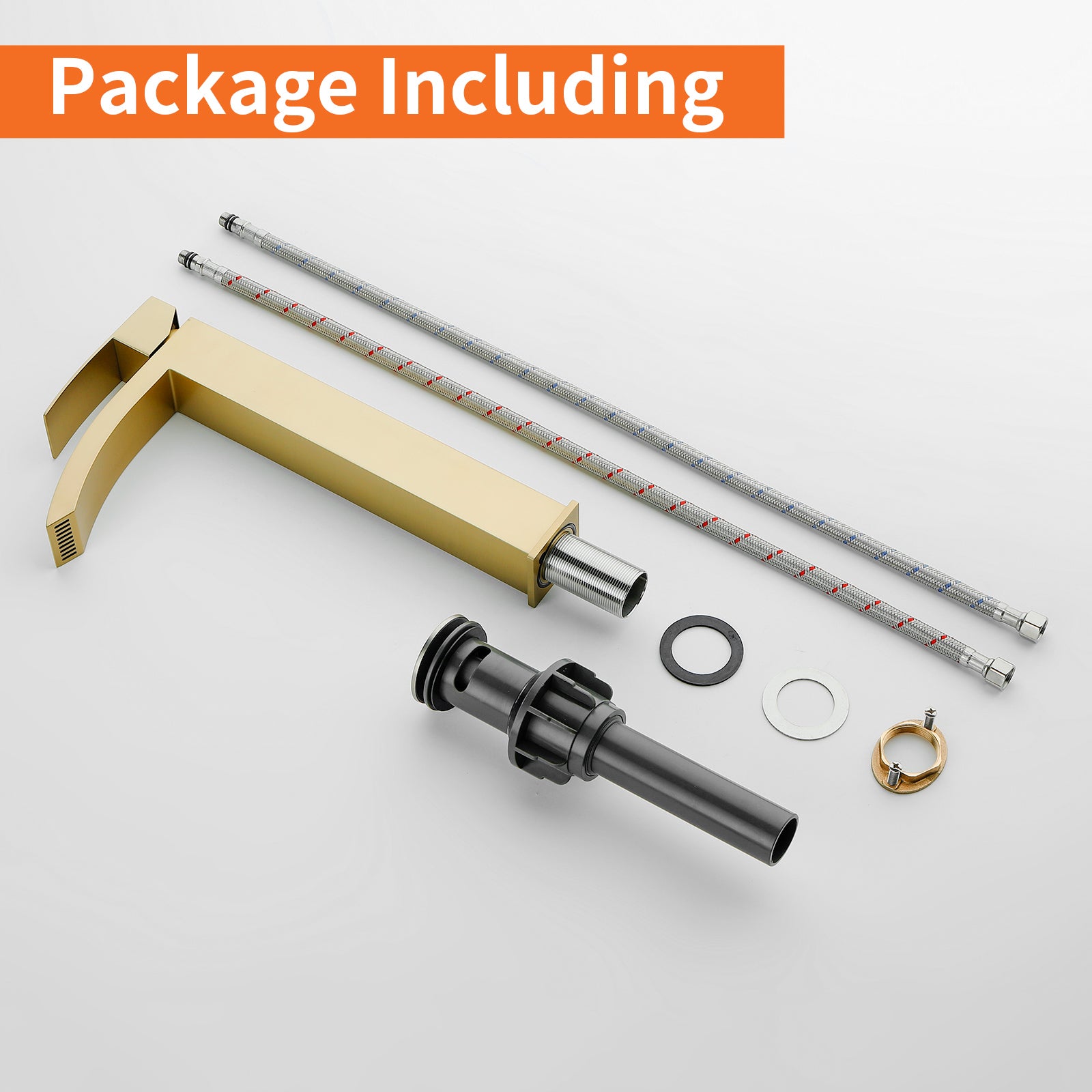 6"/12.5"H SUS304 Bathroom Sink Faucet with Rectangular Curved Waterfall Spout, Brushed Gold Finish and Drain Included