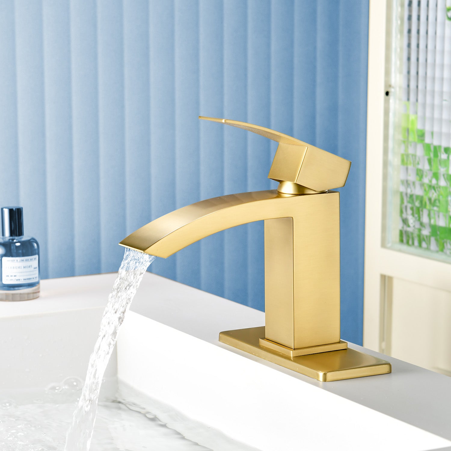 6"/12.5"H SUS304 Bathroom Sink Faucet with Rectangular Curved Waterfall Spout, Brushed Gold Finish and Drain Included