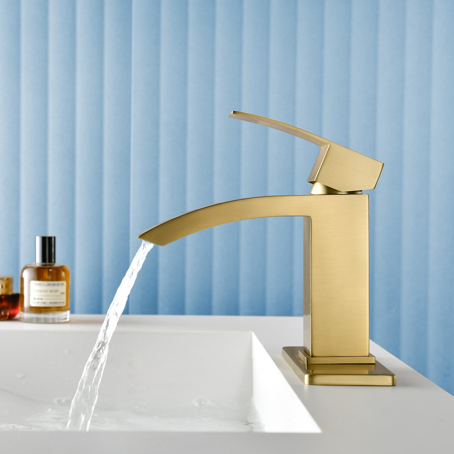 6"/12.5"H SUS304 Bathroom Sink Faucet with Rectangular Curved Waterfall Spout, Brushed Gold Finish and Drain Included
