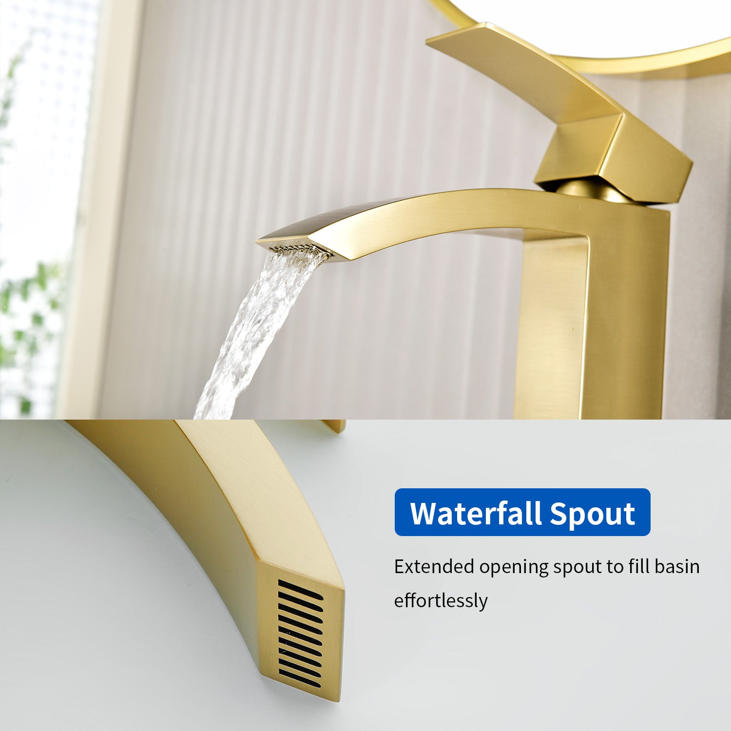 6"/12.5"H SUS304 Bathroom Sink Faucet with Rectangular Curved Waterfall Spout, Brushed Gold Finish and Drain Included