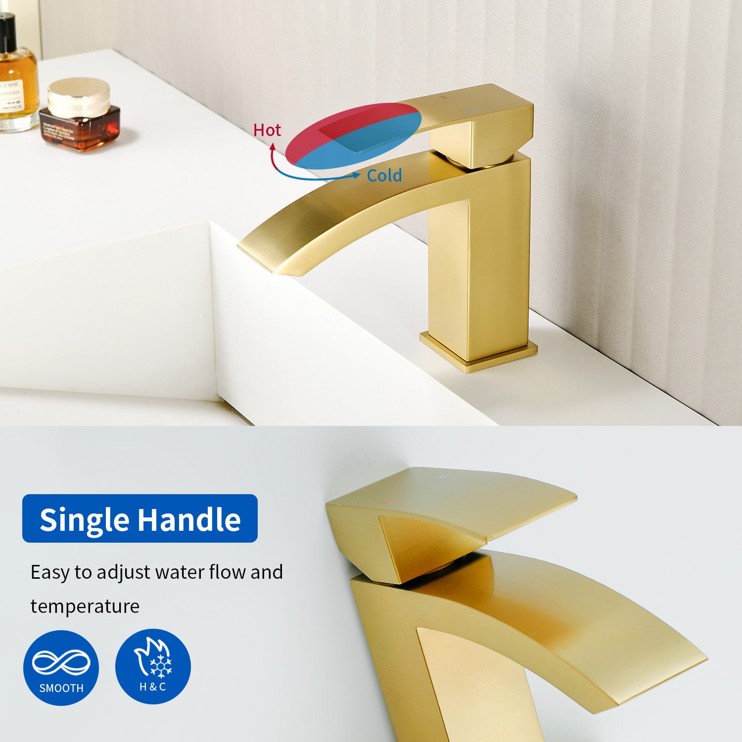 6"/12.5"H SUS304 Bathroom Sink Faucet with Rectangular Curved Waterfall Spout, Brushed Gold Finish and Drain Included