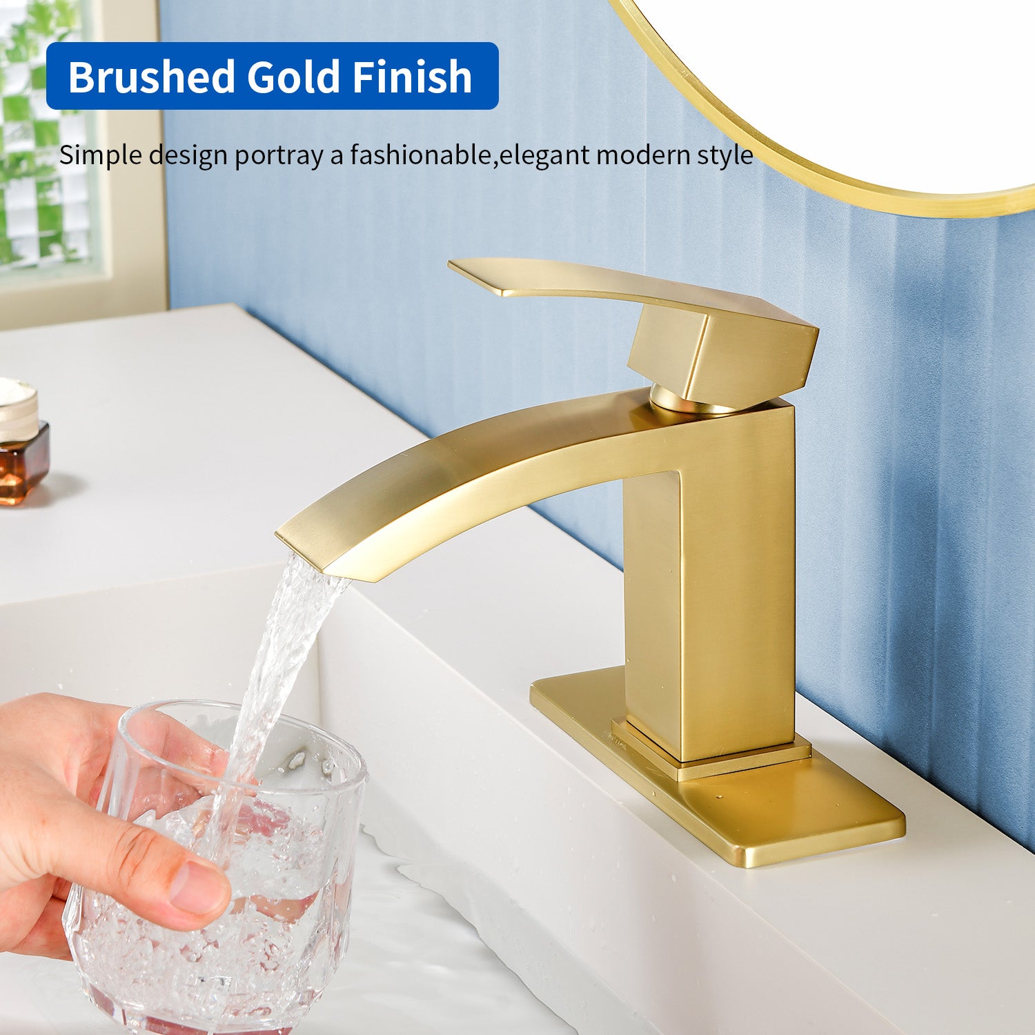 6"/12.5"H SUS304 Bathroom Sink Faucet with Rectangular Curved Waterfall Spout, Brushed Gold Finish and Drain Included
