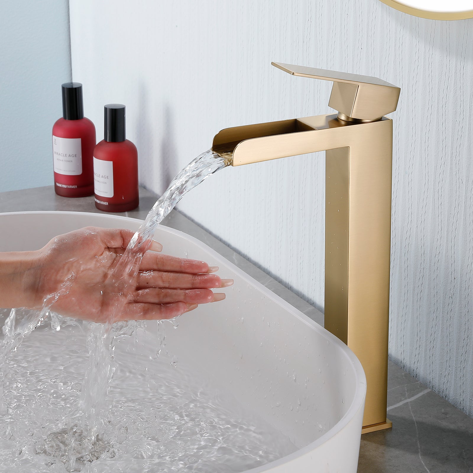 6"/12.5"H SUS304 Bathroom Sink Faucet with Rectangular Open Waterfall Spout, Brushed Gold Finish and Drain Included