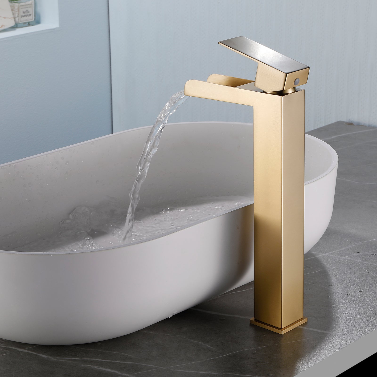 6"/12.5"H SUS304 Bathroom Sink Faucet with Rectangular Open Waterfall Spout, Brushed Gold Finish and Drain Included