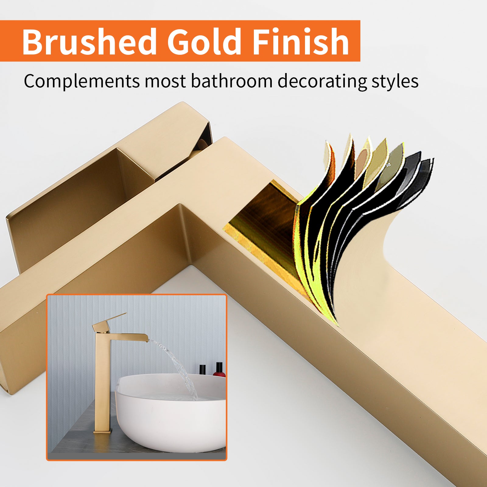 6"/12.5"H SUS304 Bathroom Sink Faucet with Rectangular Open Waterfall Spout, Brushed Gold Finish and Drain Included
