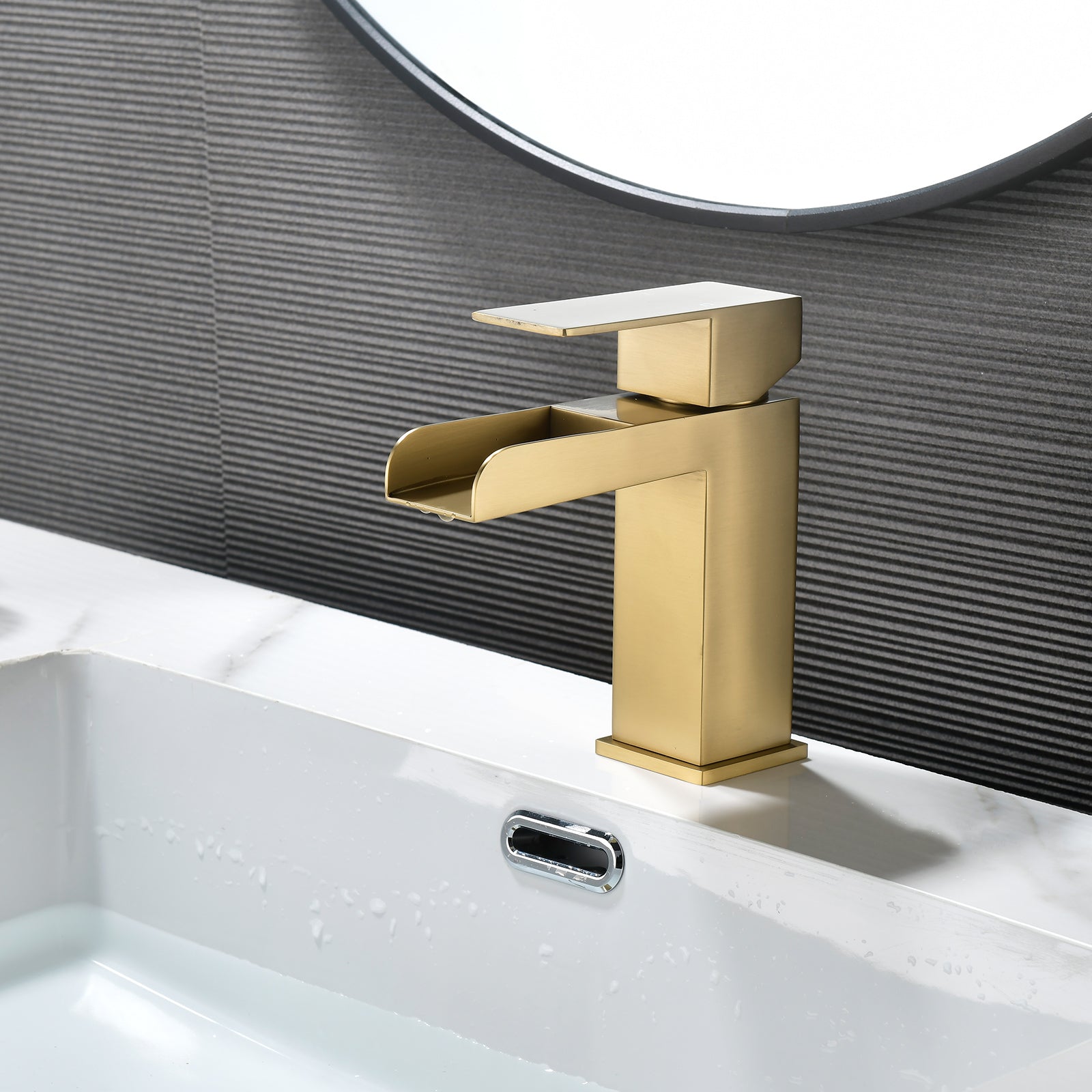 6"/12.5"H SUS304 Bathroom Sink Faucet with Rectangular Open Waterfall Spout, Brushed Gold Finish and Drain Included