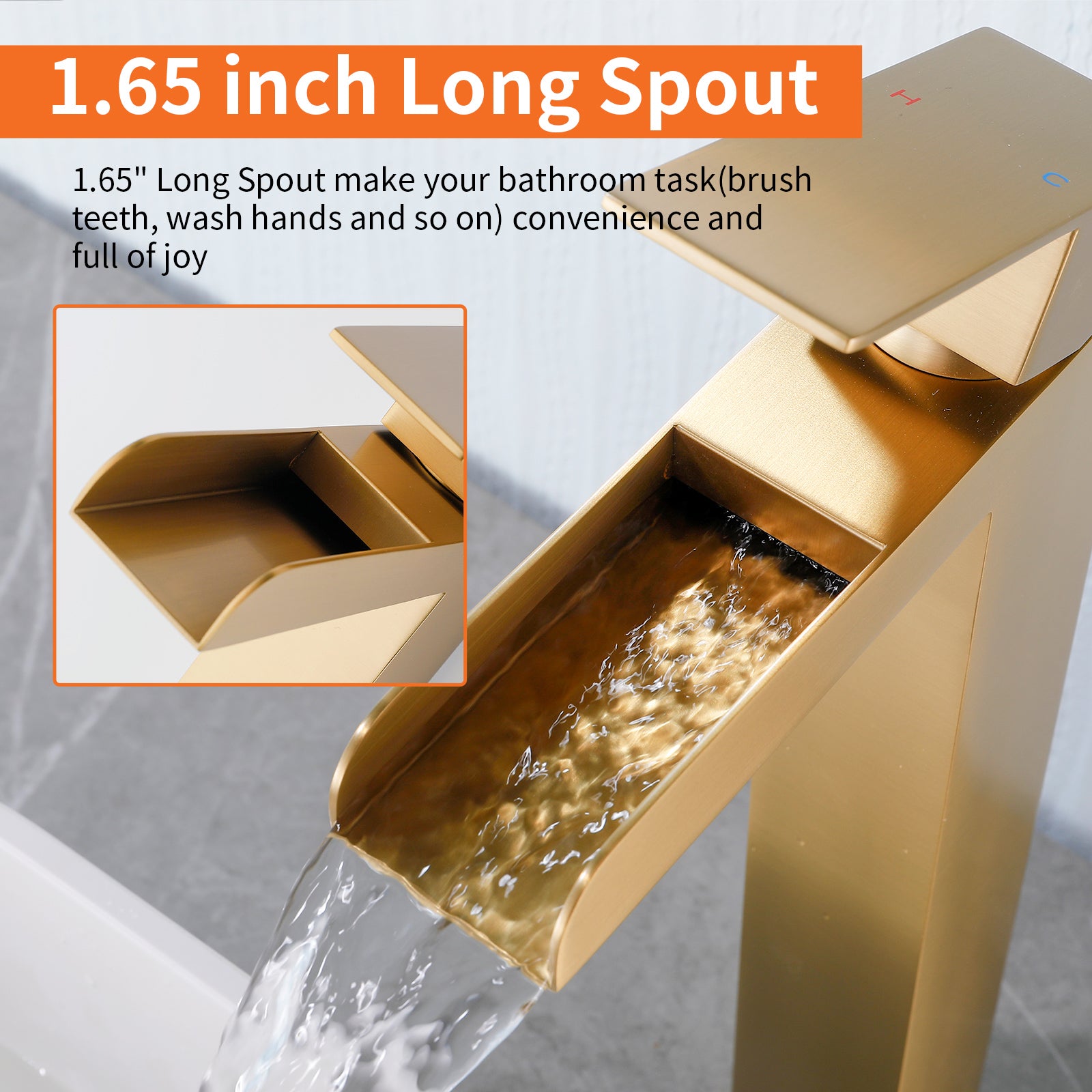 6"/12.5"H SUS304 Bathroom Sink Faucet with Rectangular Open Waterfall Spout, Brushed Gold Finish and Drain Included