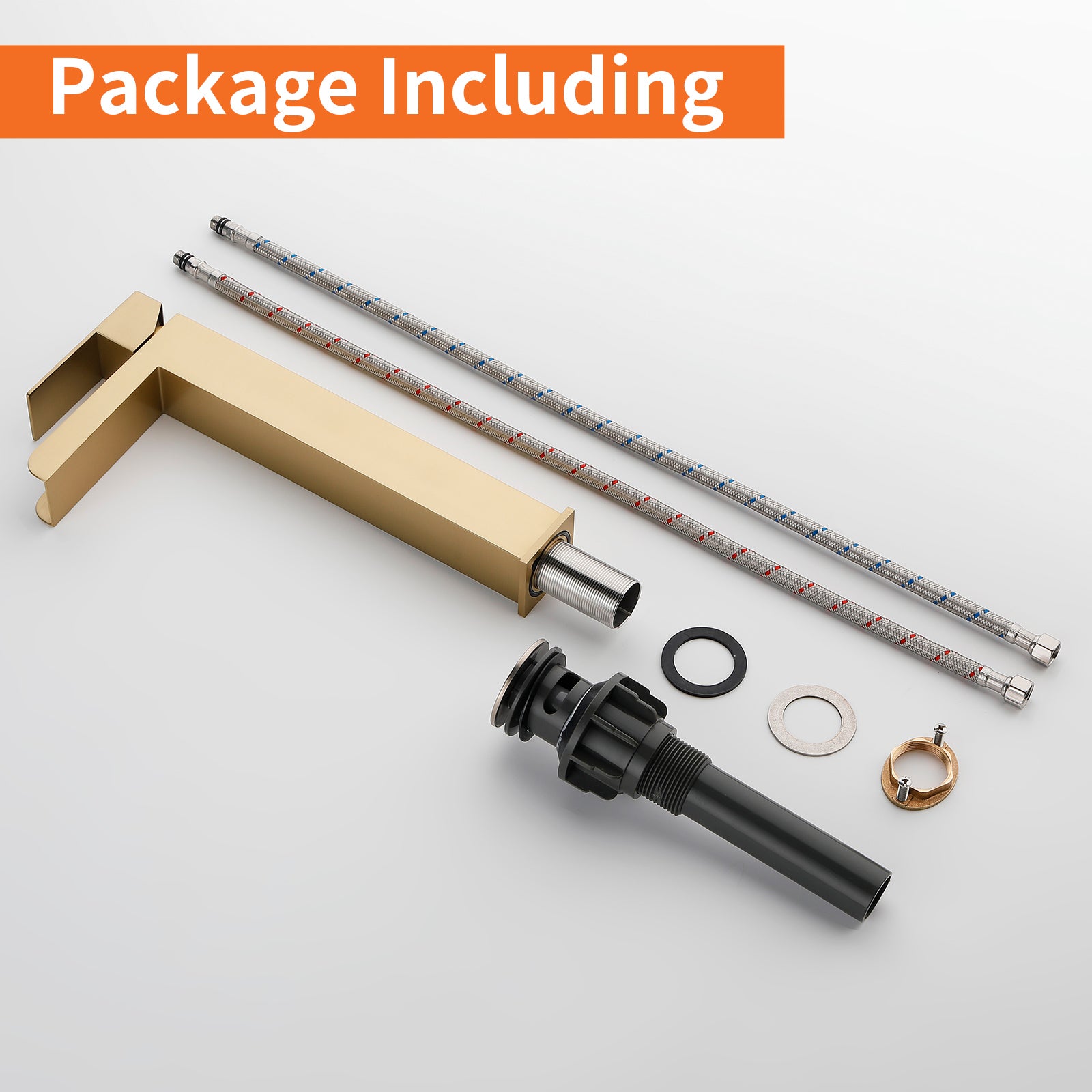 6"/12.5"H SUS304 Bathroom Sink Faucet with Rectangular Open Waterfall Spout, Brushed Gold Finish and Drain Included