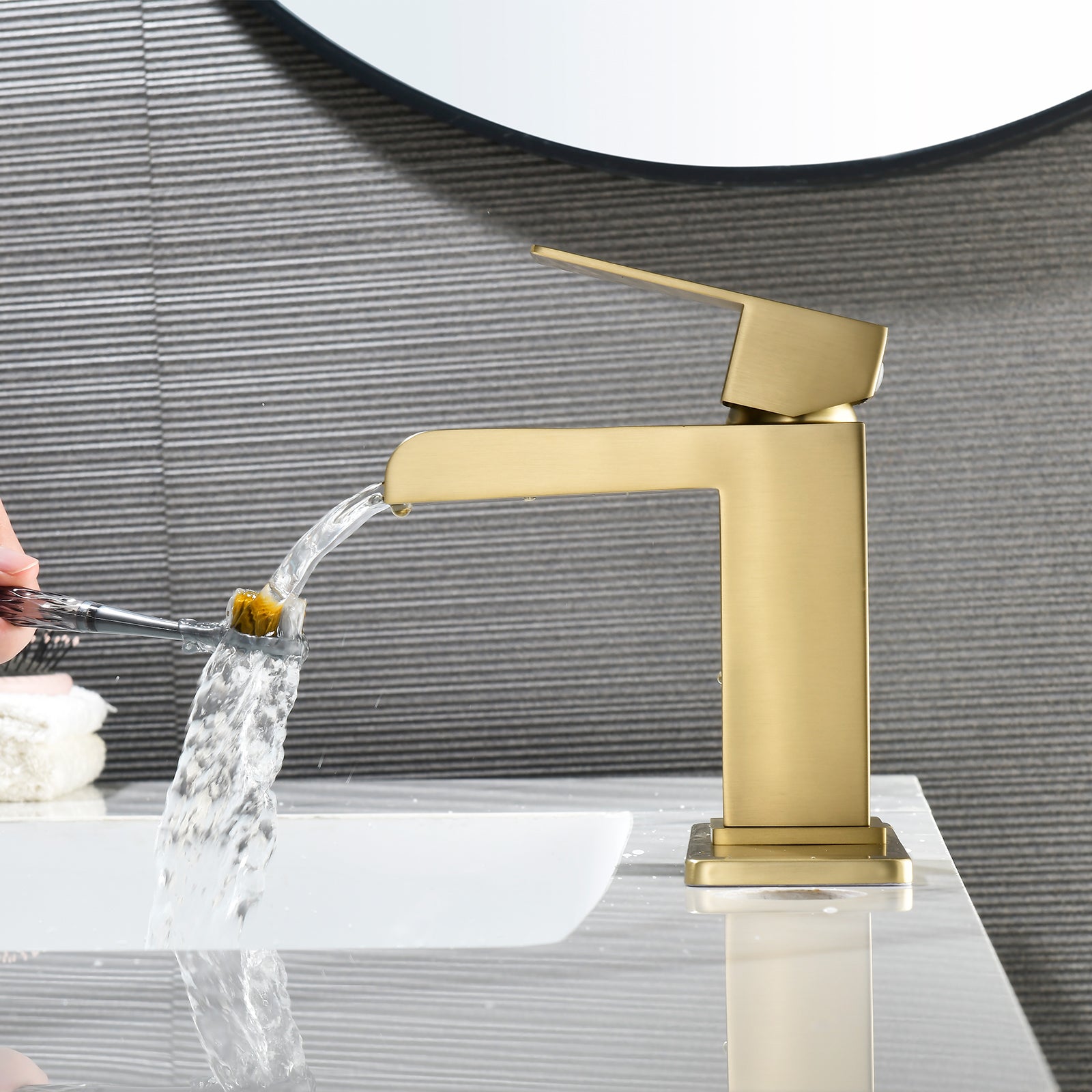 6"/12.5"H SUS304 Bathroom Sink Faucet with Rectangular Open Waterfall Spout, Brushed Gold Finish and Drain Included