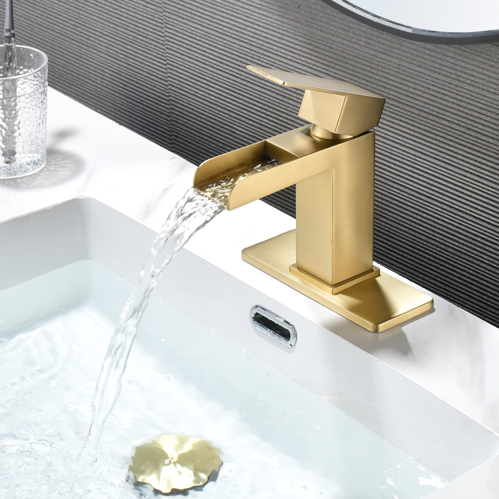 6"/12.5"H SUS304 Bathroom Sink Faucet with Rectangular Open Waterfall Spout, Brushed Gold Finish and Drain Included
