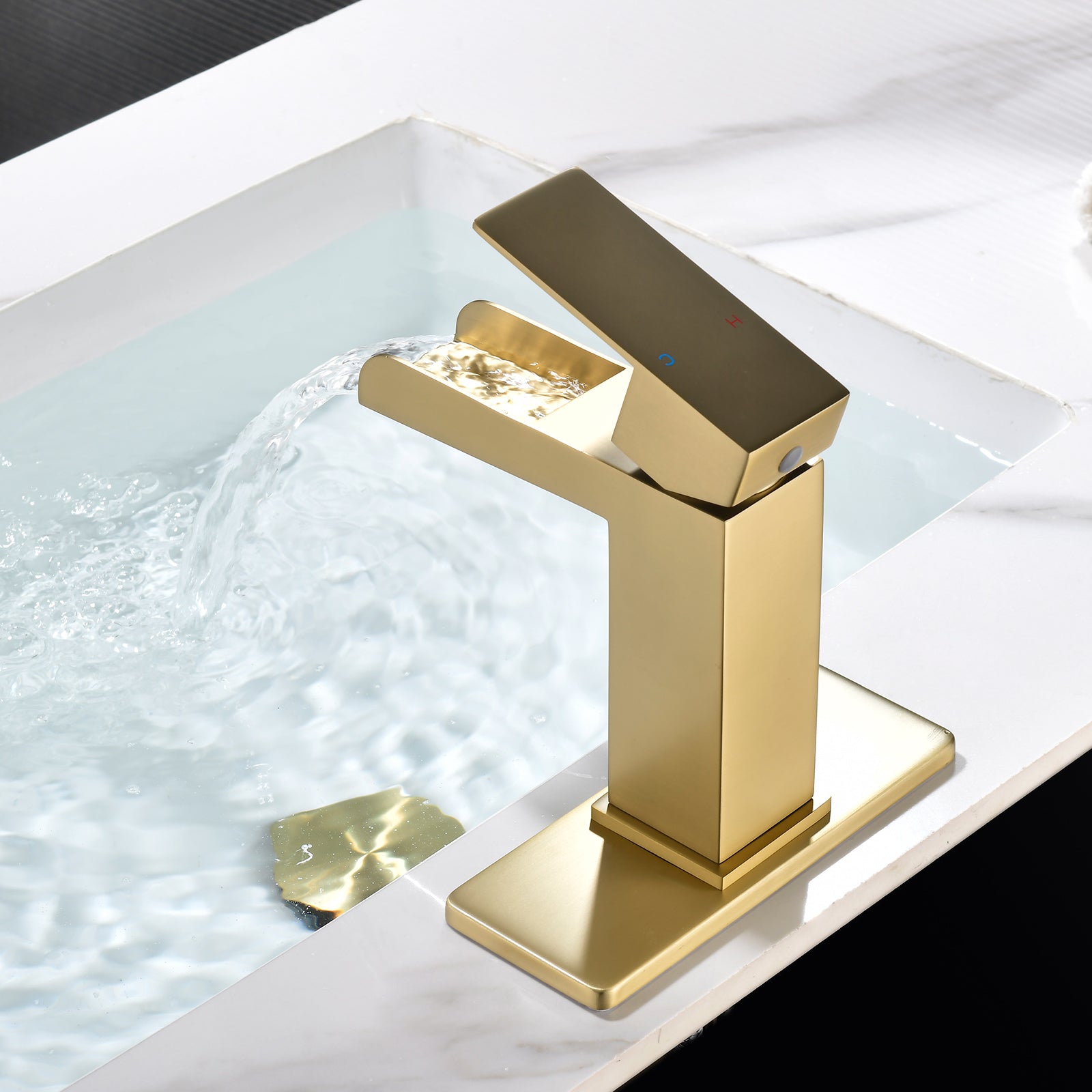 6"/12.5"H SUS304 Bathroom Sink Faucet with Rectangular Open Waterfall Spout, Brushed Gold Finish and Drain Included