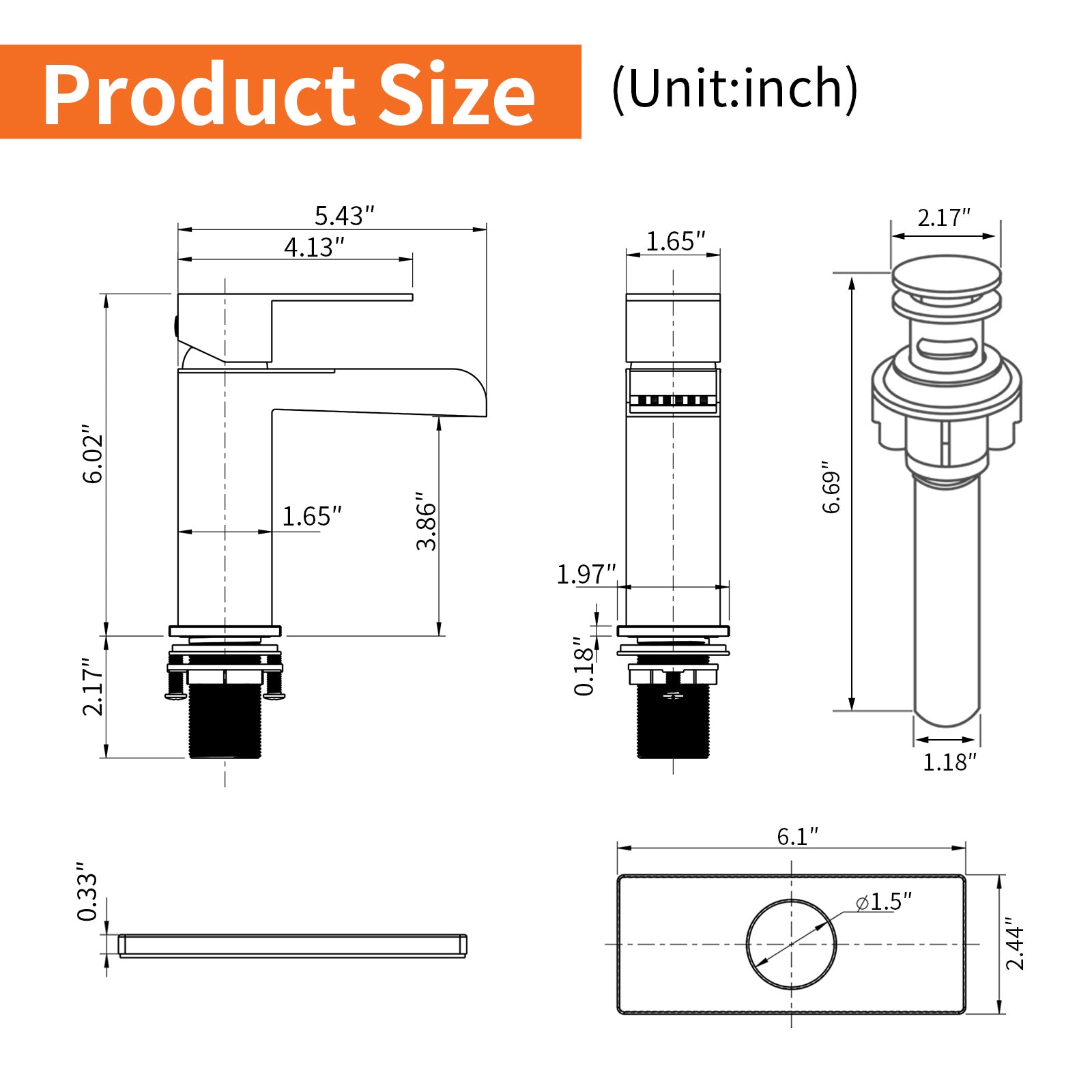 6"/12.5"H SUS304 Bathroom Sink Faucet with Rectangular Open Waterfall Spout, Brushed Gold Finish and Drain Included