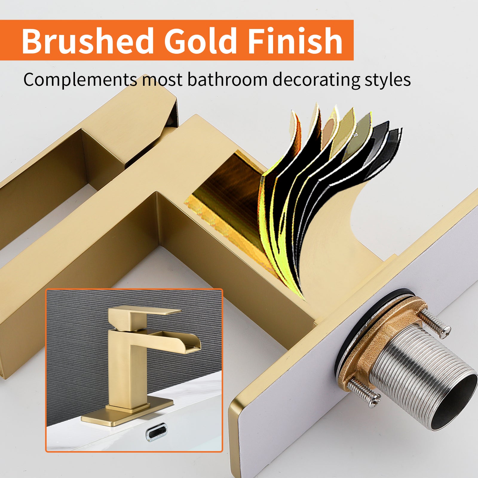 6"/12.5"H SUS304 Bathroom Sink Faucet with Rectangular Open Waterfall Spout, Brushed Gold Finish and Drain Included