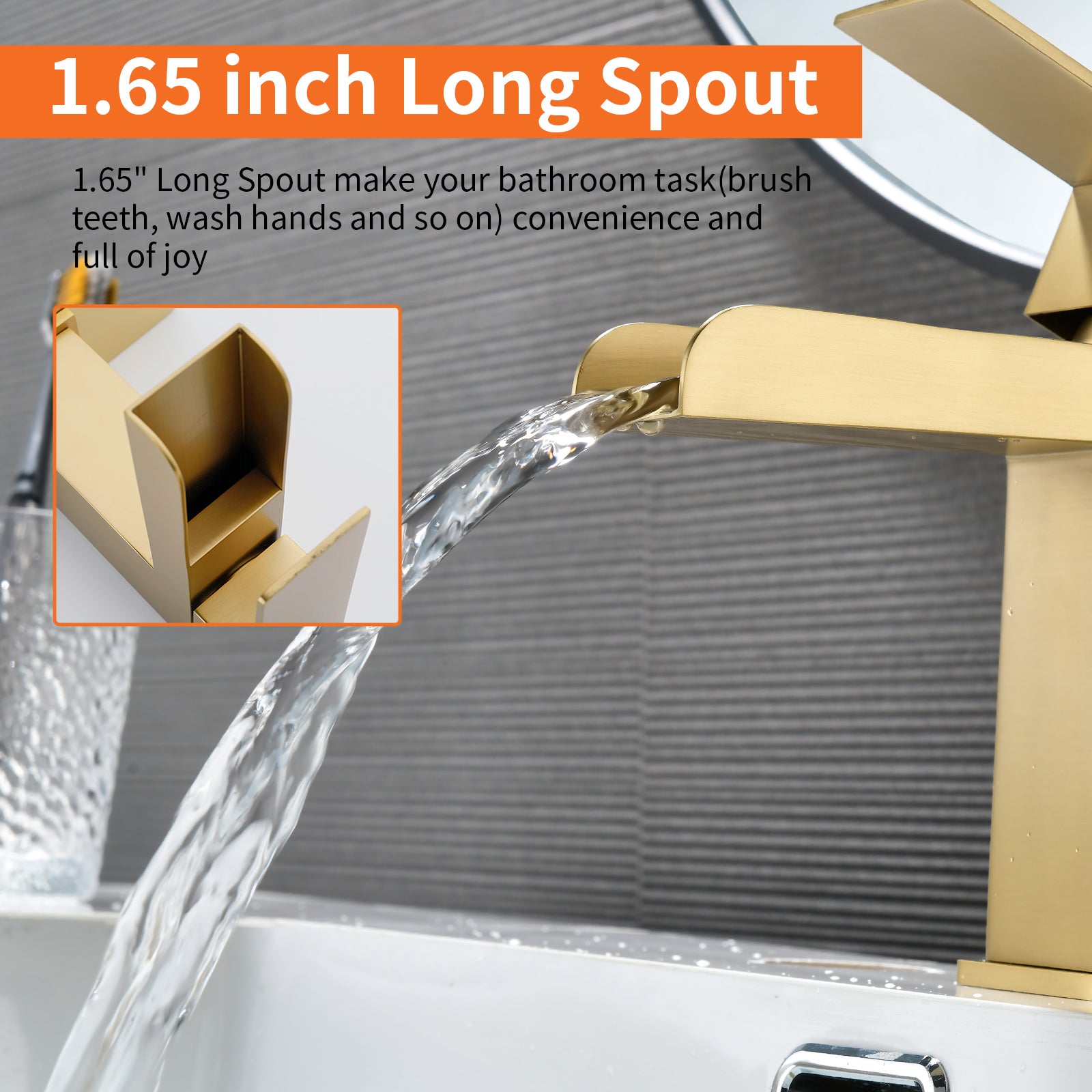 6"/12.5"H SUS304 Bathroom Sink Faucet with Rectangular Open Waterfall Spout, Brushed Gold Finish and Drain Included