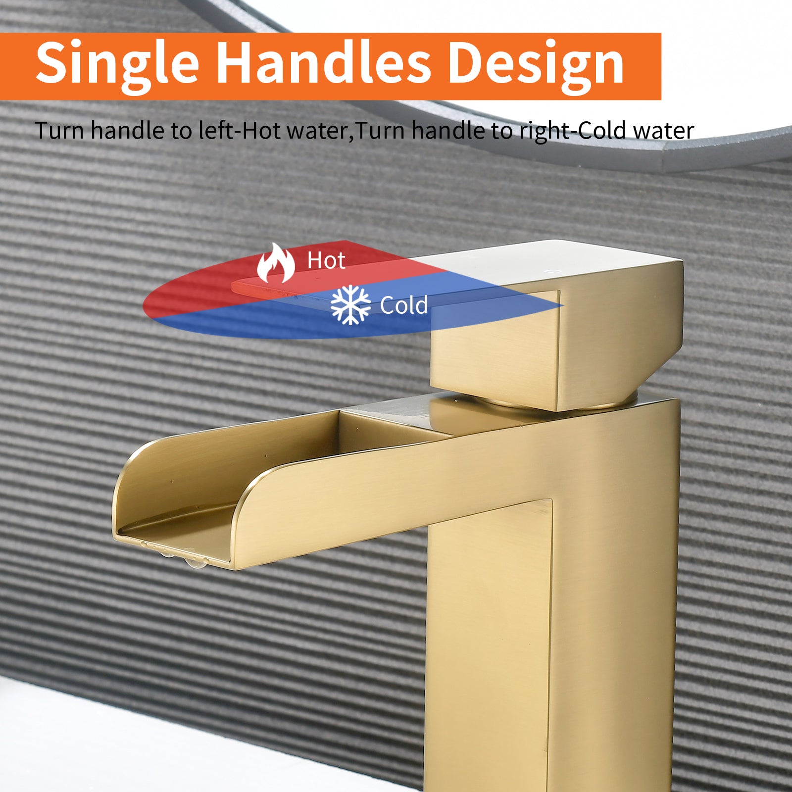 6"/12.5"H SUS304 Bathroom Sink Faucet with Rectangular Open Waterfall Spout, Brushed Gold Finish and Drain Included