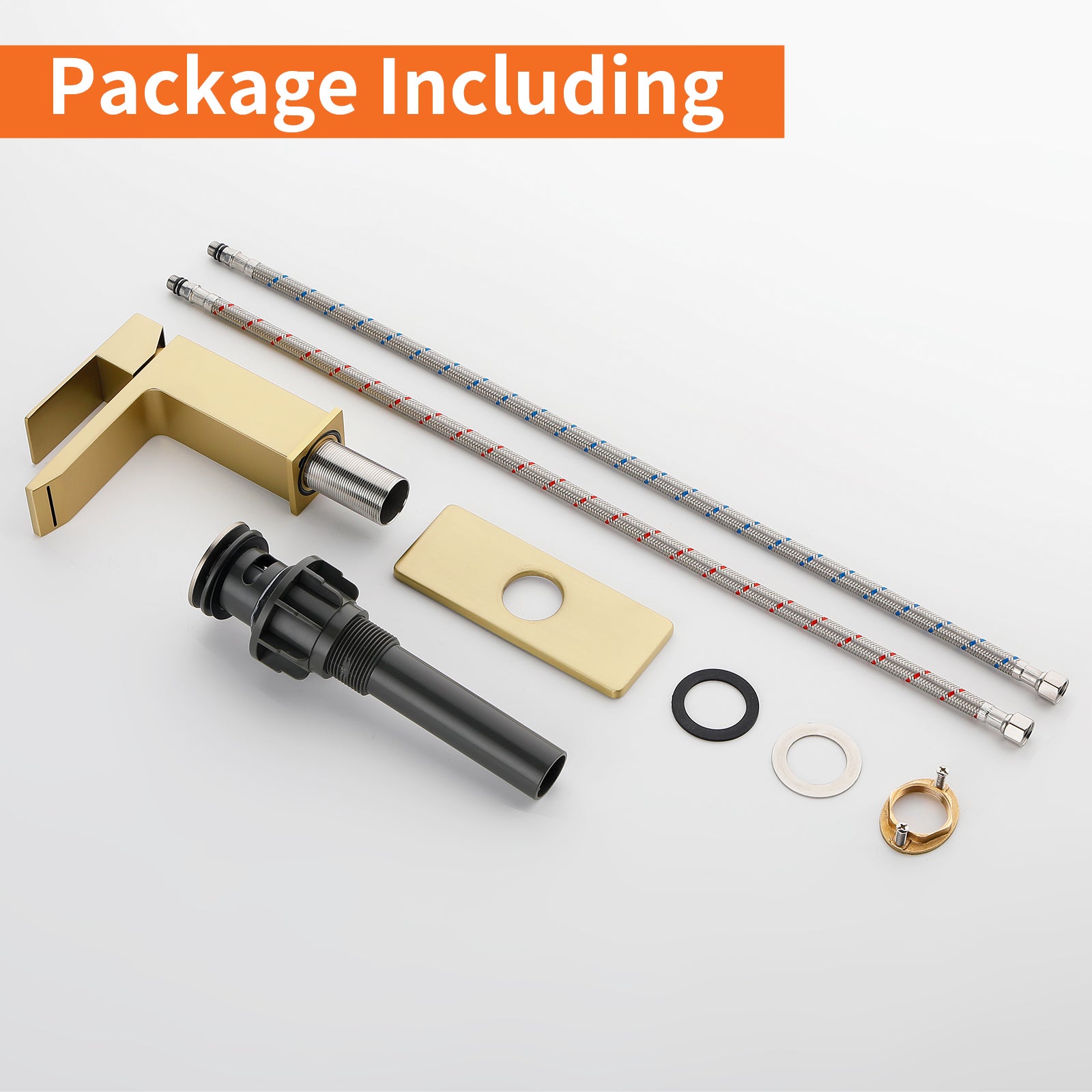 6"/12.5"H SUS304 Bathroom Sink Faucet with Rectangular Waterfall Spout, Brushed Gold Finish and Drain Included