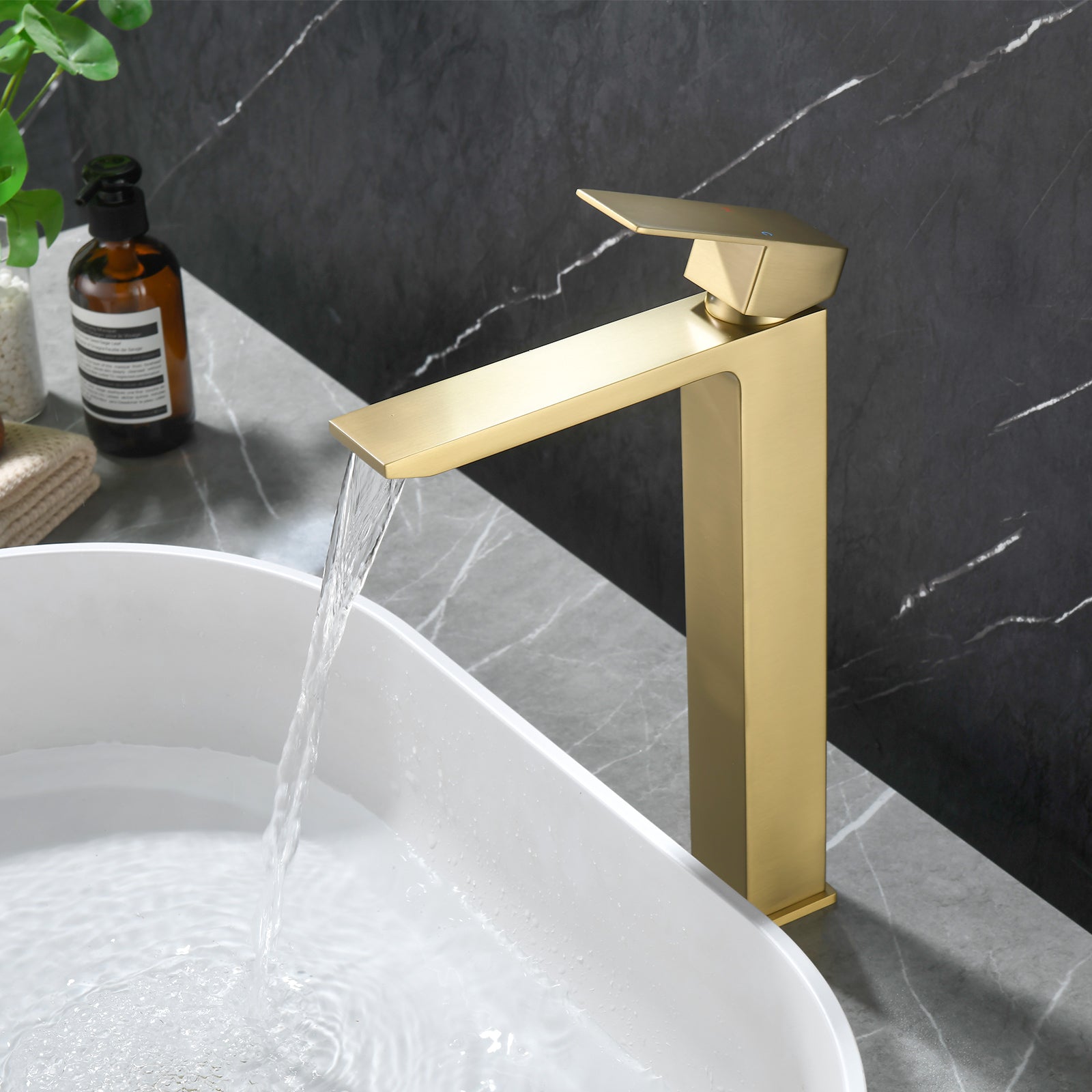 6"/12.5"H SUS304 Bathroom Sink Faucet with Rectangular Waterfall Spout, Brushed Gold Finish and Drain Included