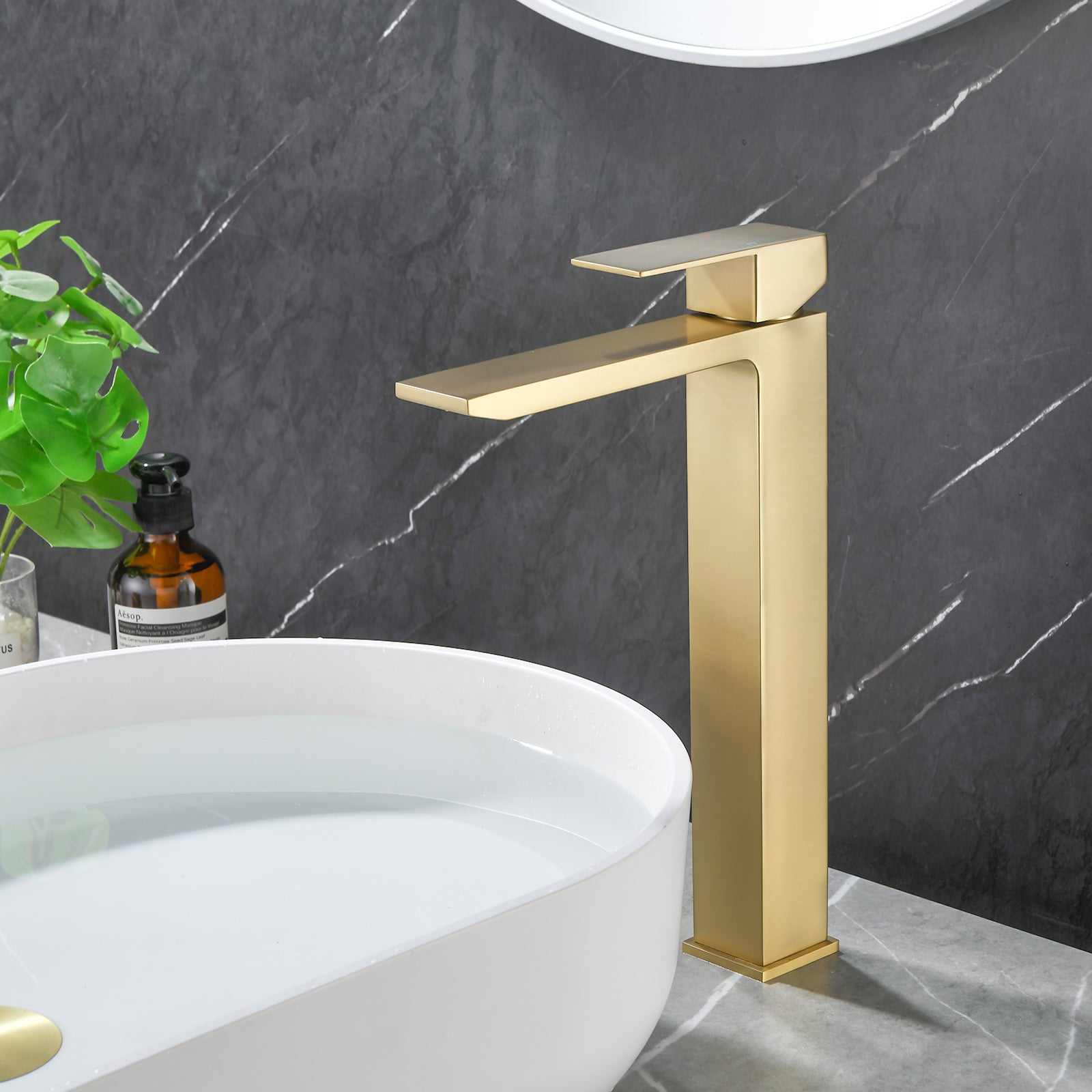 6"/12.5"H SUS304 Bathroom Sink Faucet with Rectangular Waterfall Spout, Brushed Gold Finish and Drain Included