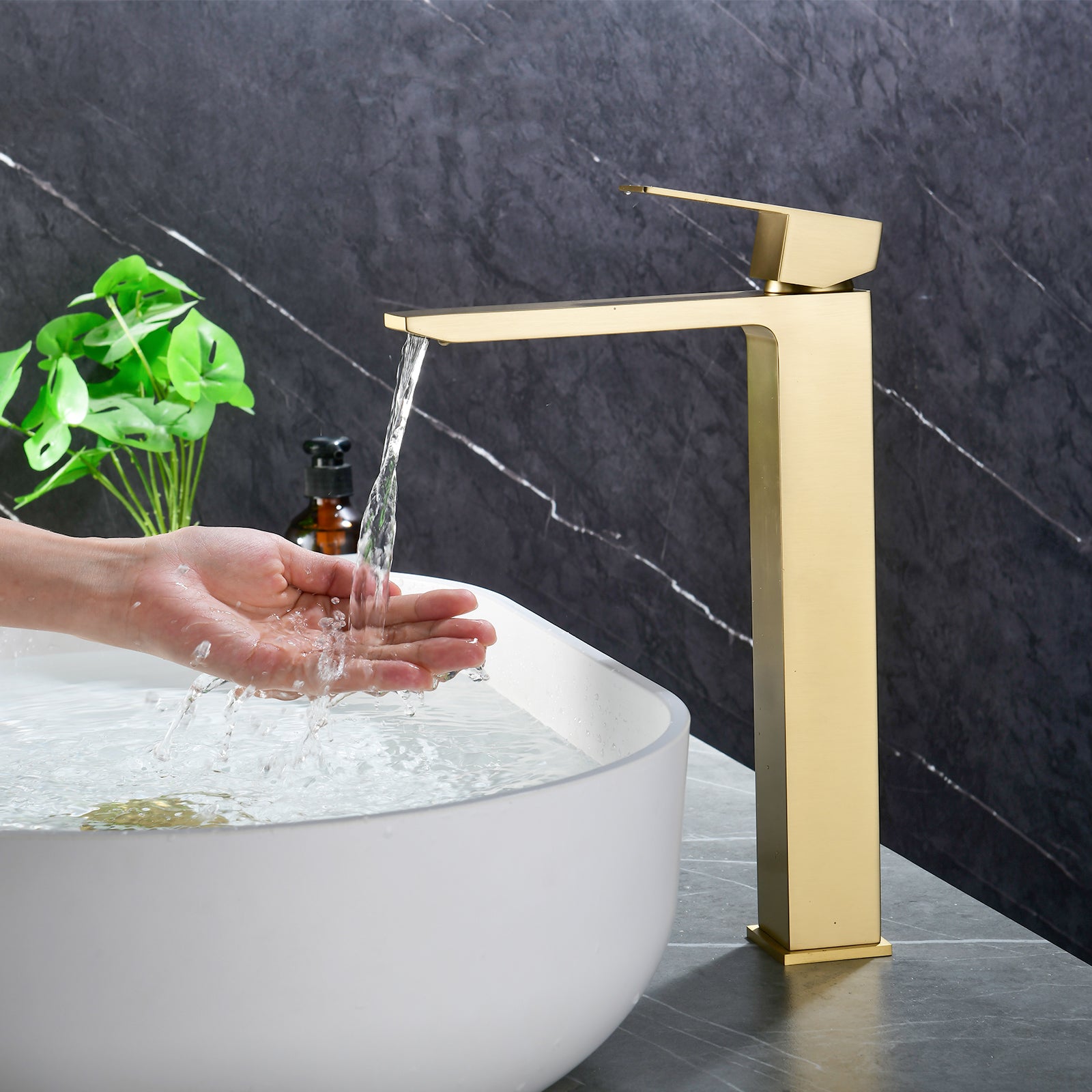 6"/12.5"H SUS304 Bathroom Sink Faucet with Rectangular Waterfall Spout, Brushed Gold Finish and Drain Included