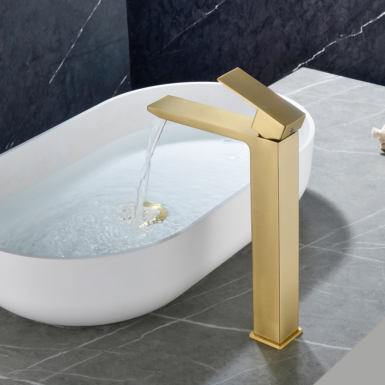6"/12.5"H SUS304 Bathroom Sink Faucet with Rectangular Waterfall Spout, Brushed Gold Finish and Drain Included