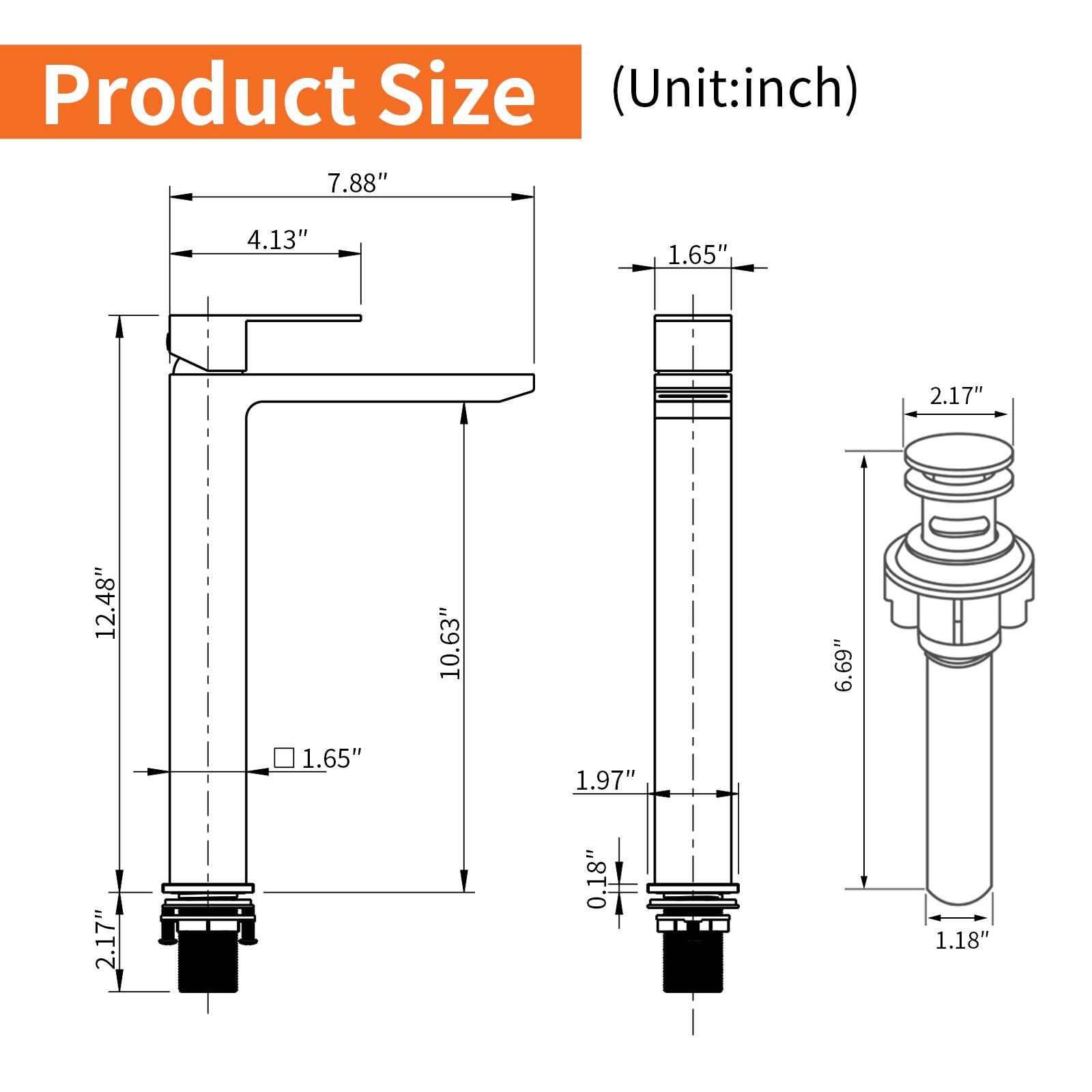 6"/12.5"H SUS304 Bathroom Sink Faucet with Rectangular Waterfall Spout, Brushed Gold Finish and Drain Included