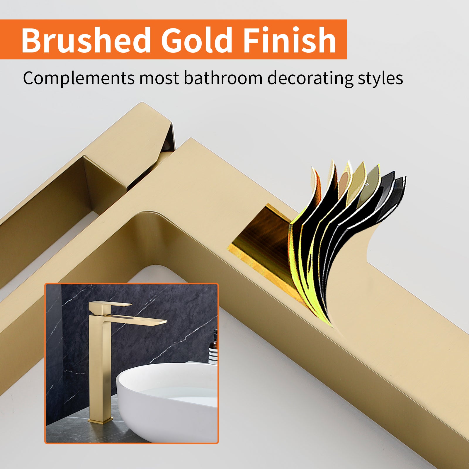 6"/12.5"H SUS304 Bathroom Sink Faucet with Rectangular Waterfall Spout, Brushed Gold Finish and Drain Included