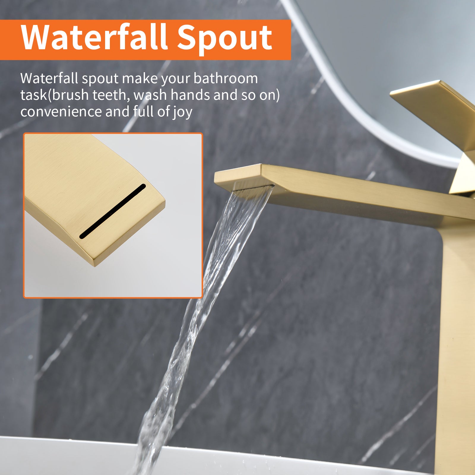 6"/12.5"H SUS304 Bathroom Sink Faucet with Rectangular Waterfall Spout, Brushed Gold Finish and Drain Included