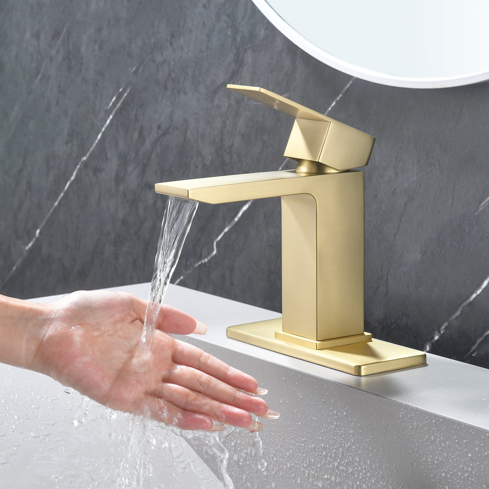 6"/12.5"H SUS304 Bathroom Sink Faucet with Rectangular Waterfall Spout, Brushed Gold Finish and Drain Included