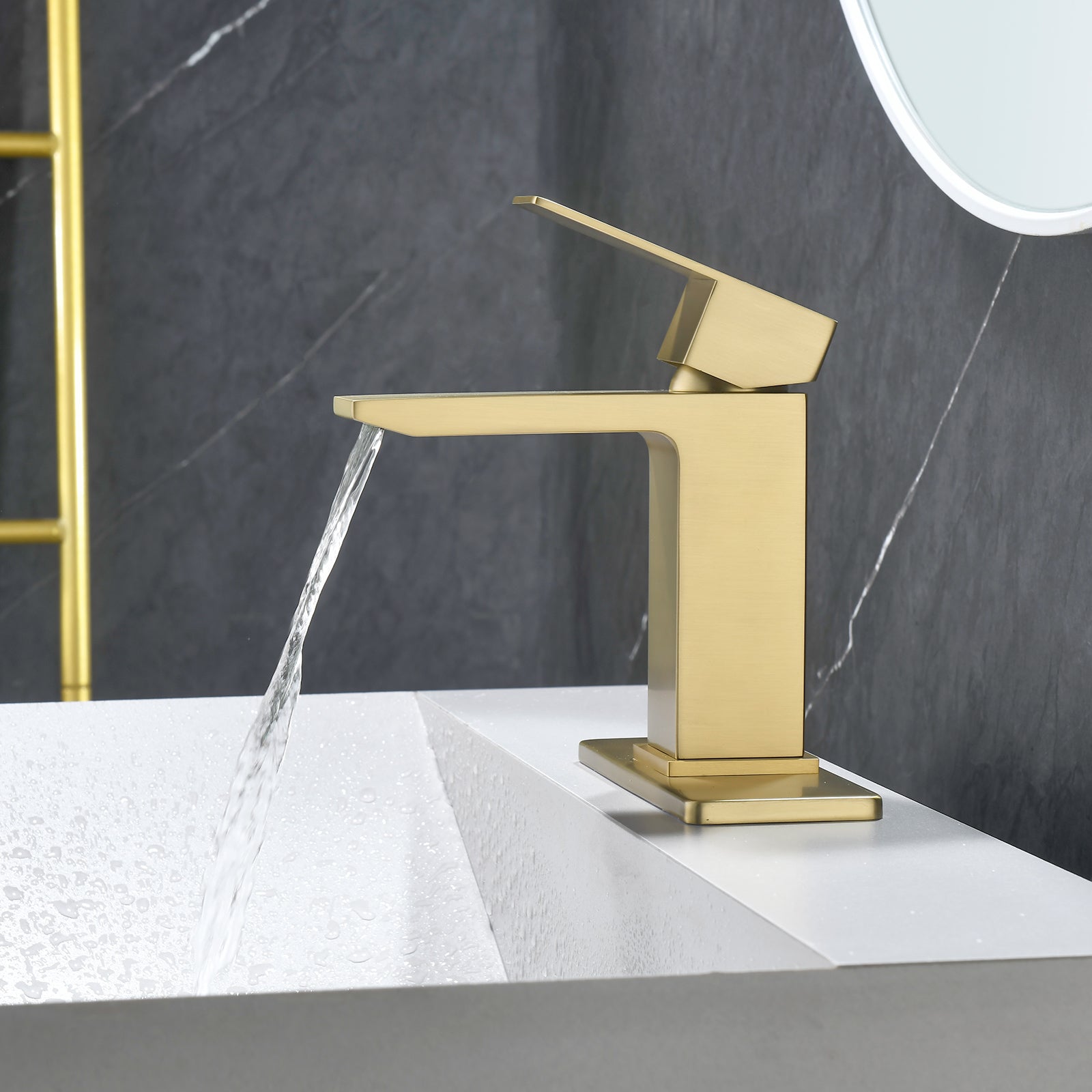 6"/12.5"H SUS304 Bathroom Sink Faucet with Rectangular Waterfall Spout, Brushed Gold Finish and Drain Included